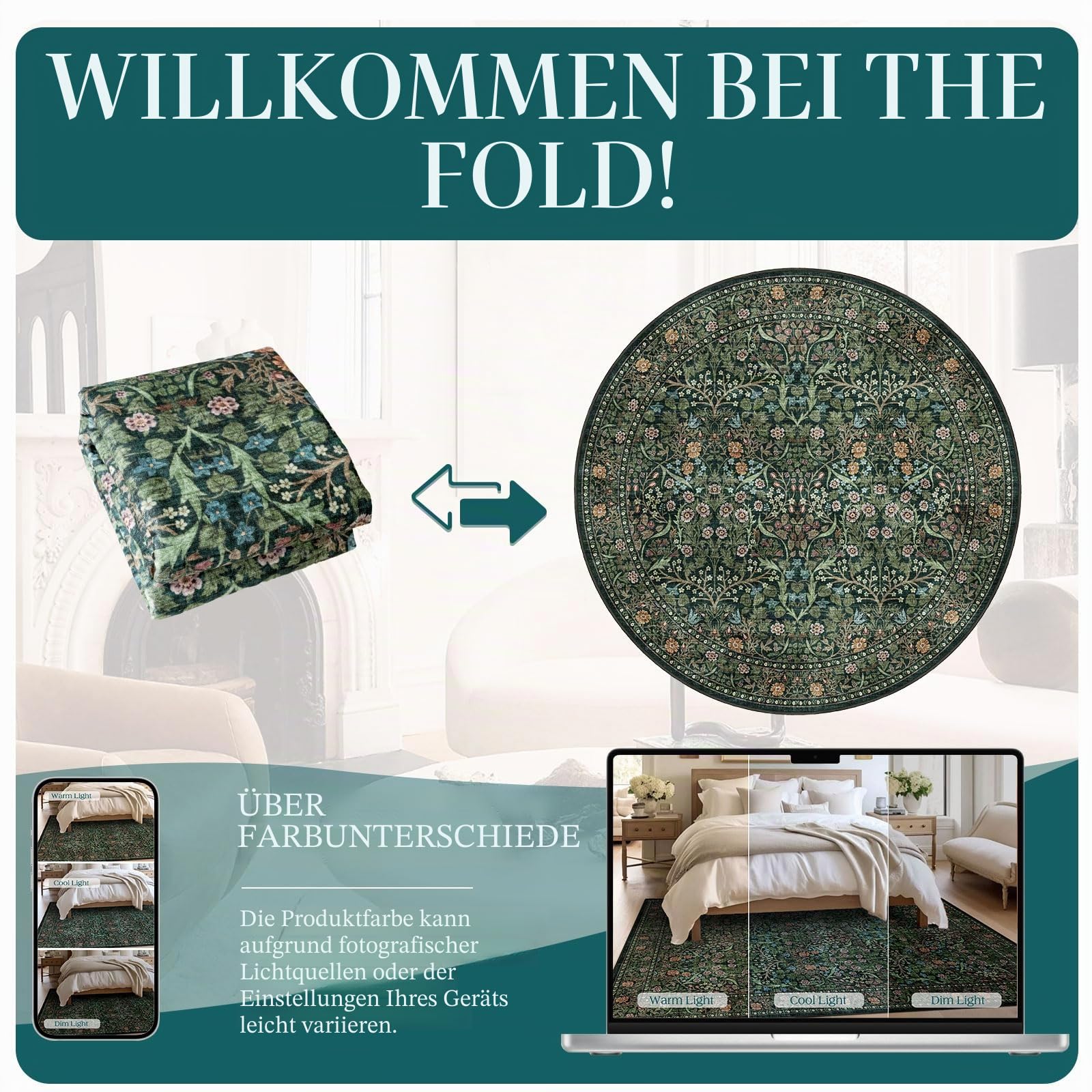 Grüner runder Teppich, weich, waschbar, Boho-Stil, Blumenmuster, rund, Badezimmerteppich, rutschfest, 12,7 x 12,7 cm, Vintage, botanischer Kreis, für Wohnzimmer, Schlafzimmer, Eingangsbereich
