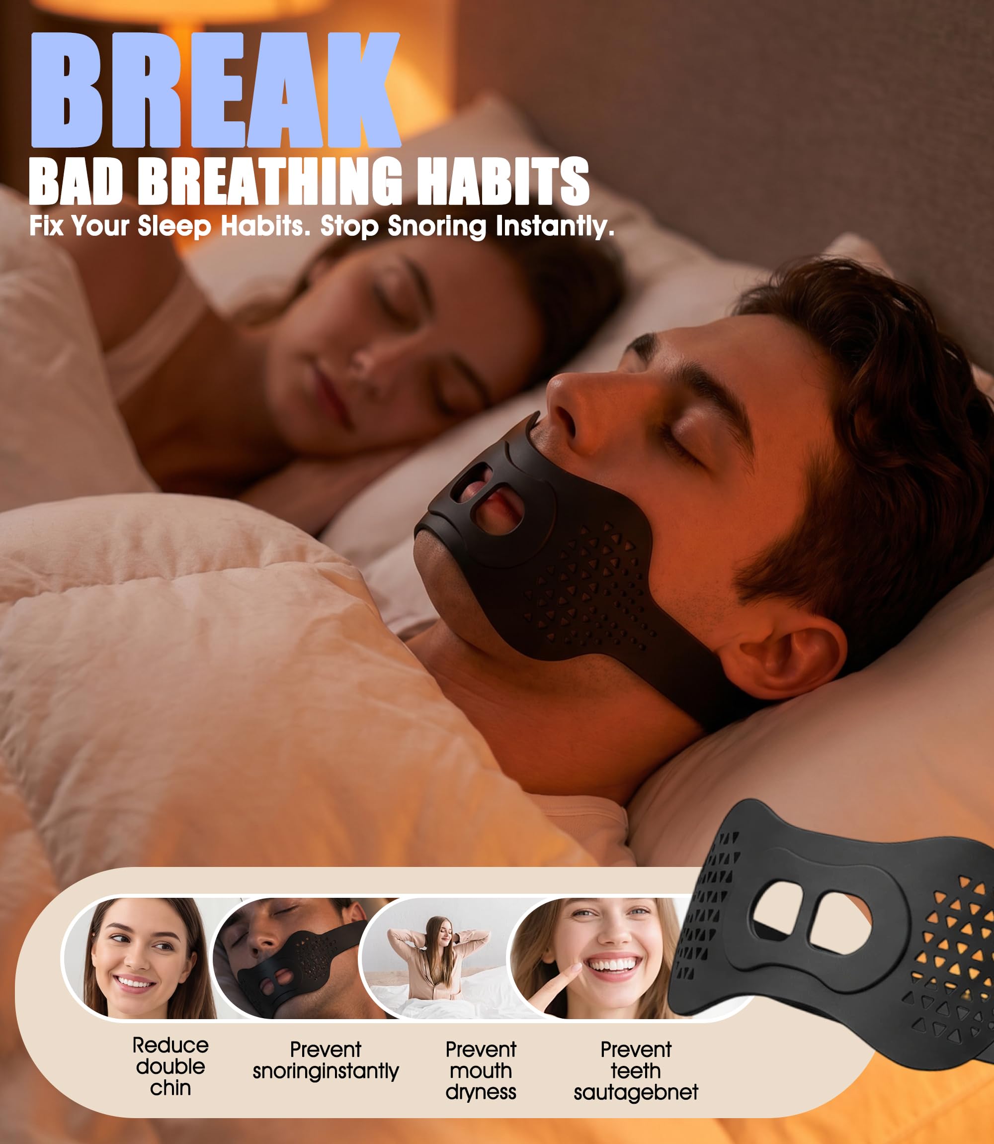 Cinta bucal para dormir, Sonnorel 1 unidad Cinta bucal premium para dormir, Banda de silicona antironquidos, Sujeción óptima incluso con barba [Tamaño universal cómodo 47-60 cm], Negro