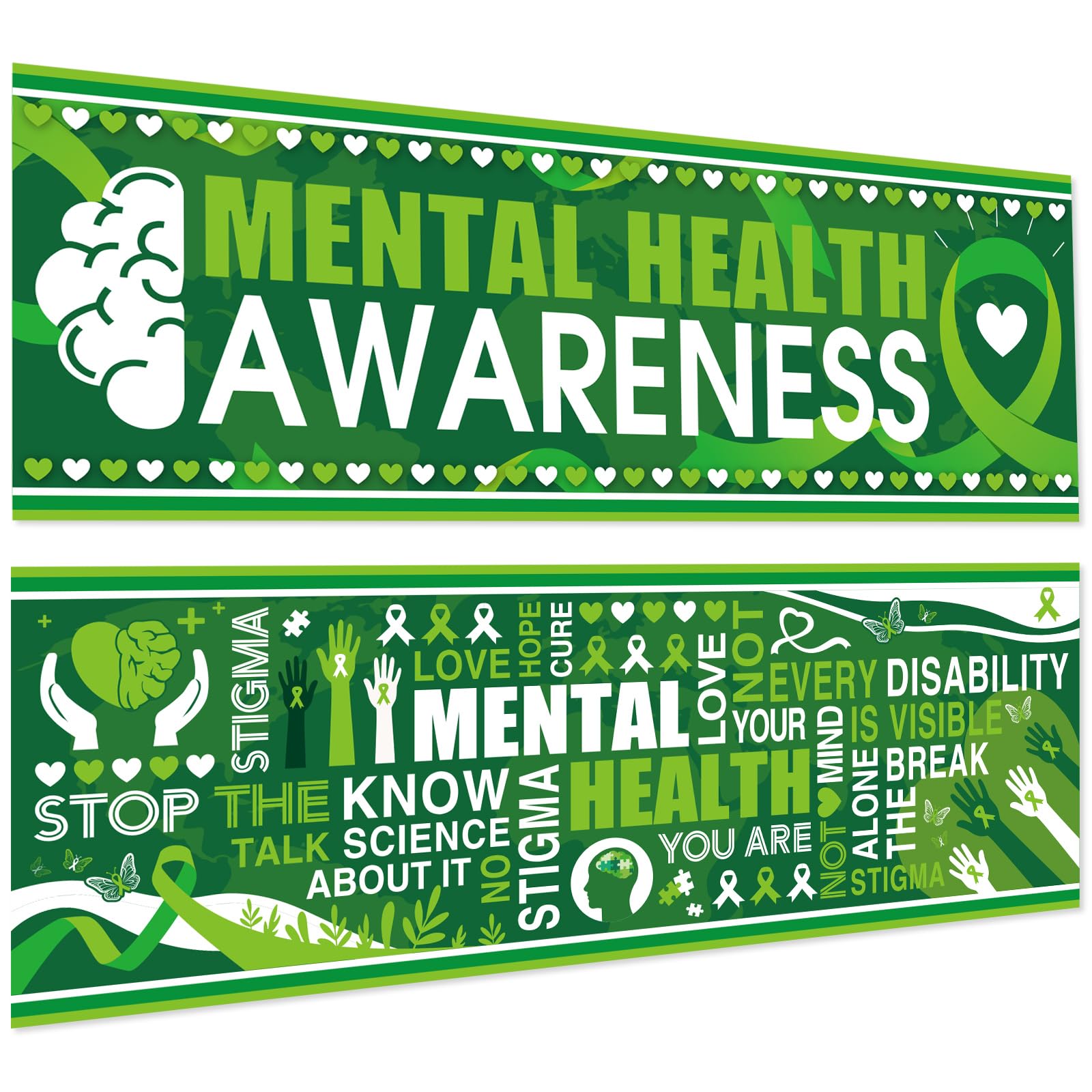 Harloon 2 Pcs Mental Health Awareness Decoration 13.8 x 38.6 Inch Mental Health Month Decorations Motivational Green Classroom Decor for School Wall Indoor Outdoor Bulletin Board Party (Green Ribbon)