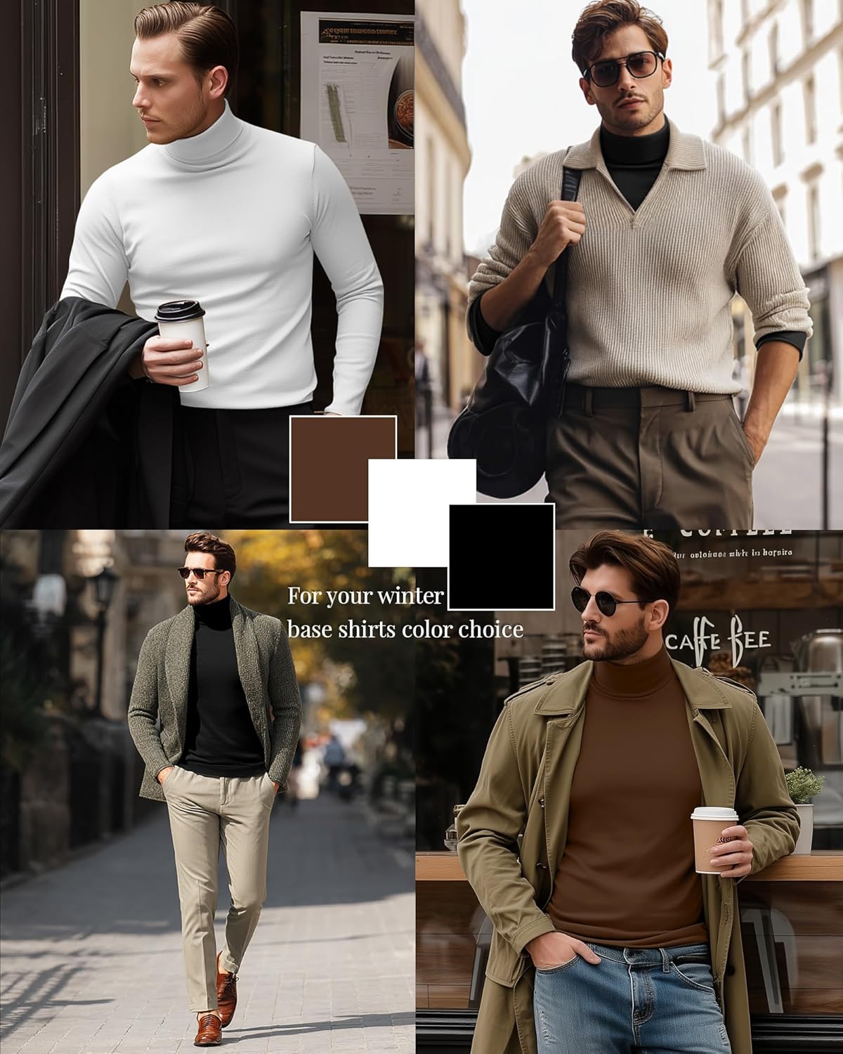 Ficerd 3 Pack Men's Turtleneck Shirts, Long Sleeve Cotton Pullover Sweaters Mock Neck Knitted T-Shirt Basic Slim Fit Tops - Image 2