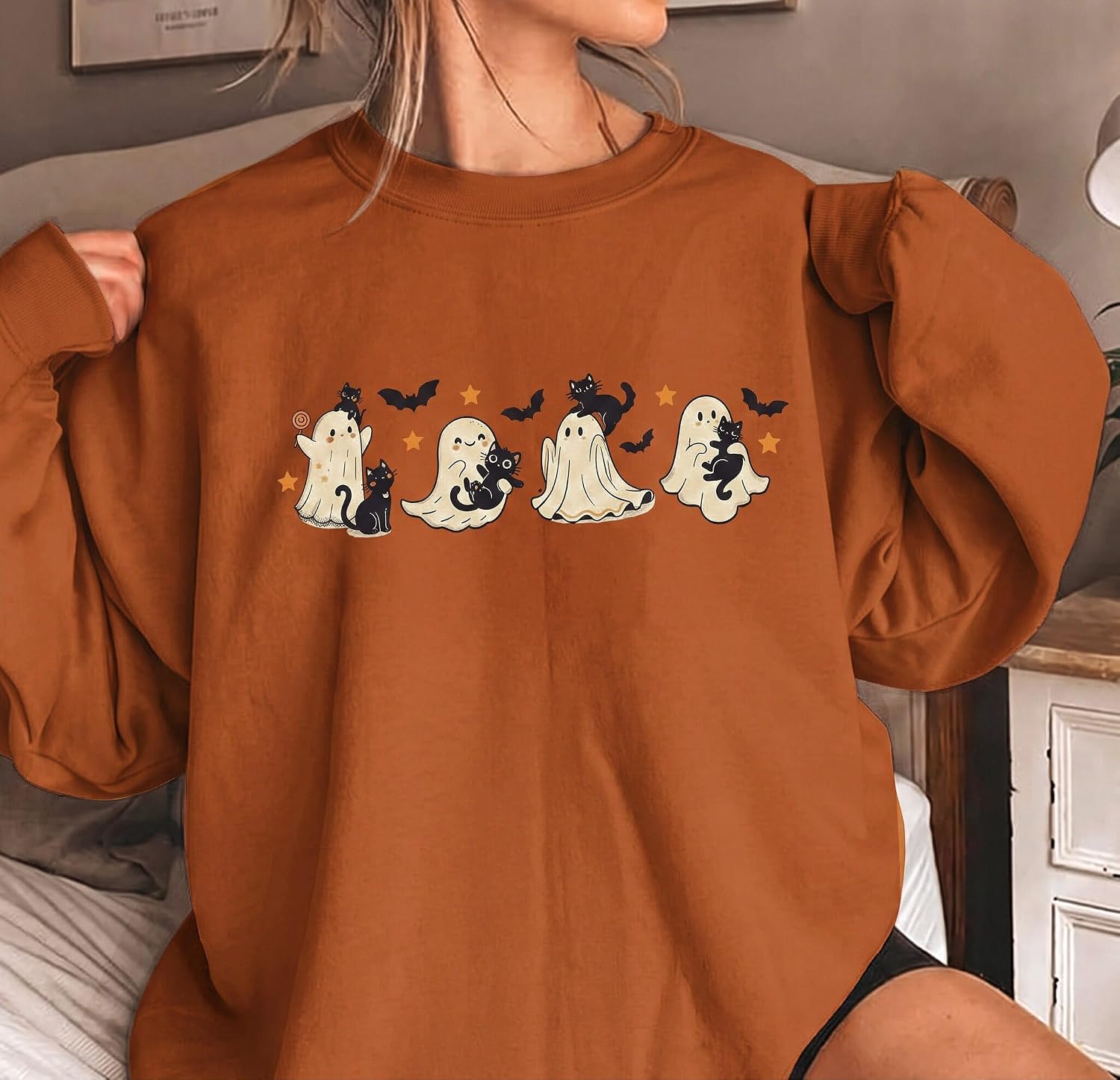 Halloween Spooky Season Sweatshirt Women Black Cat Ghost Sweatshirts