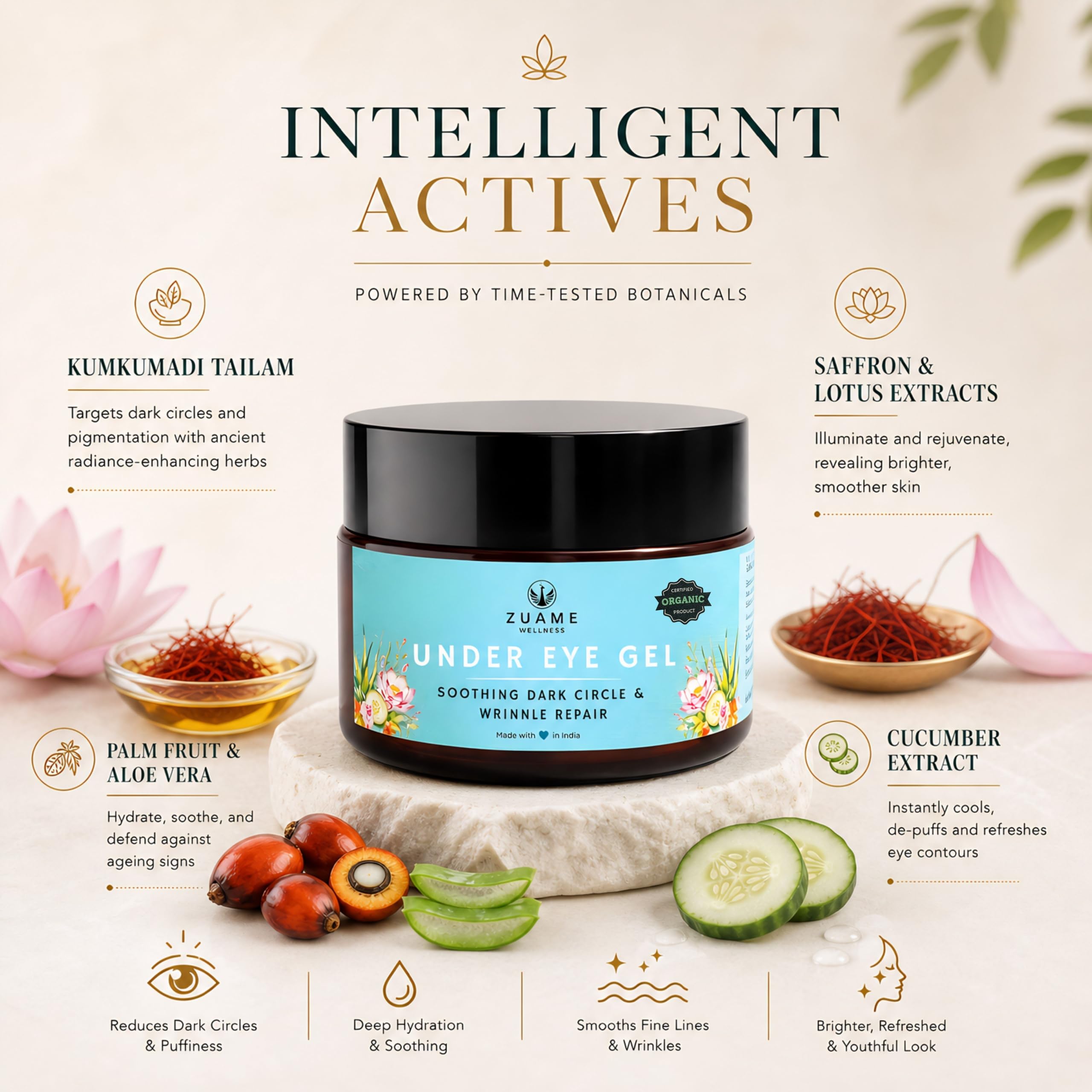 Under Eye Gel for Dark Circles, Puffiness & Wrinkle Repair | Ayurvedic Soothing Eye Cream for Women & Men | Organic Cooling Anti-Aging Treatment | Kumkumadi Tailam & Saffron | 15g — Amazon image 2