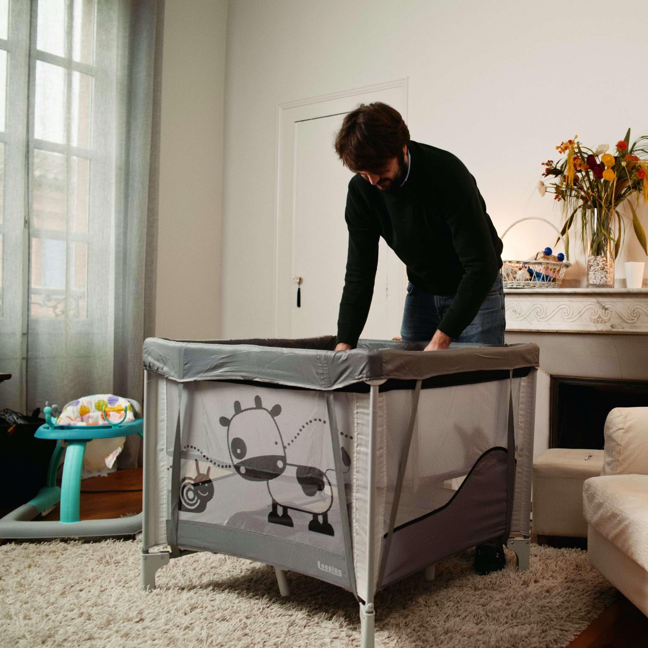 Looping - Parc Bébé Pliable 90 x 90 cm Black Emotion | Avec Réhausseur et Réglable sur 2 Niveaux, Sac de Transport Inclus | Pour Bébé & Enfants jusqu'à 15kg