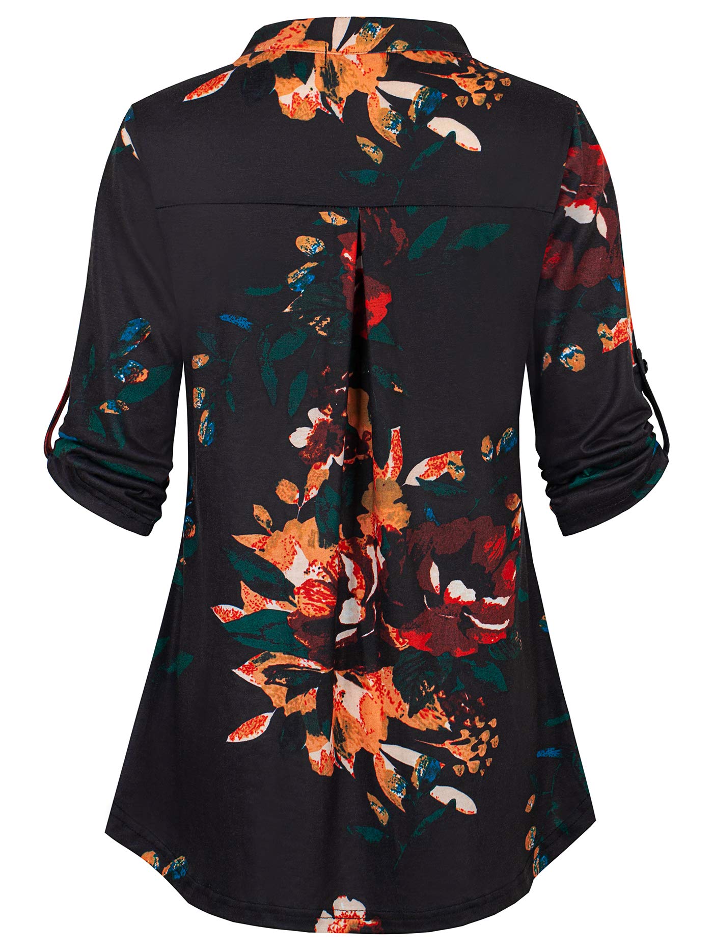 Ninedaily Women's 3/4 Sleeve Plaid Shirts Zip Floral Casual Tunic Blouse Tops: Large Black Orange