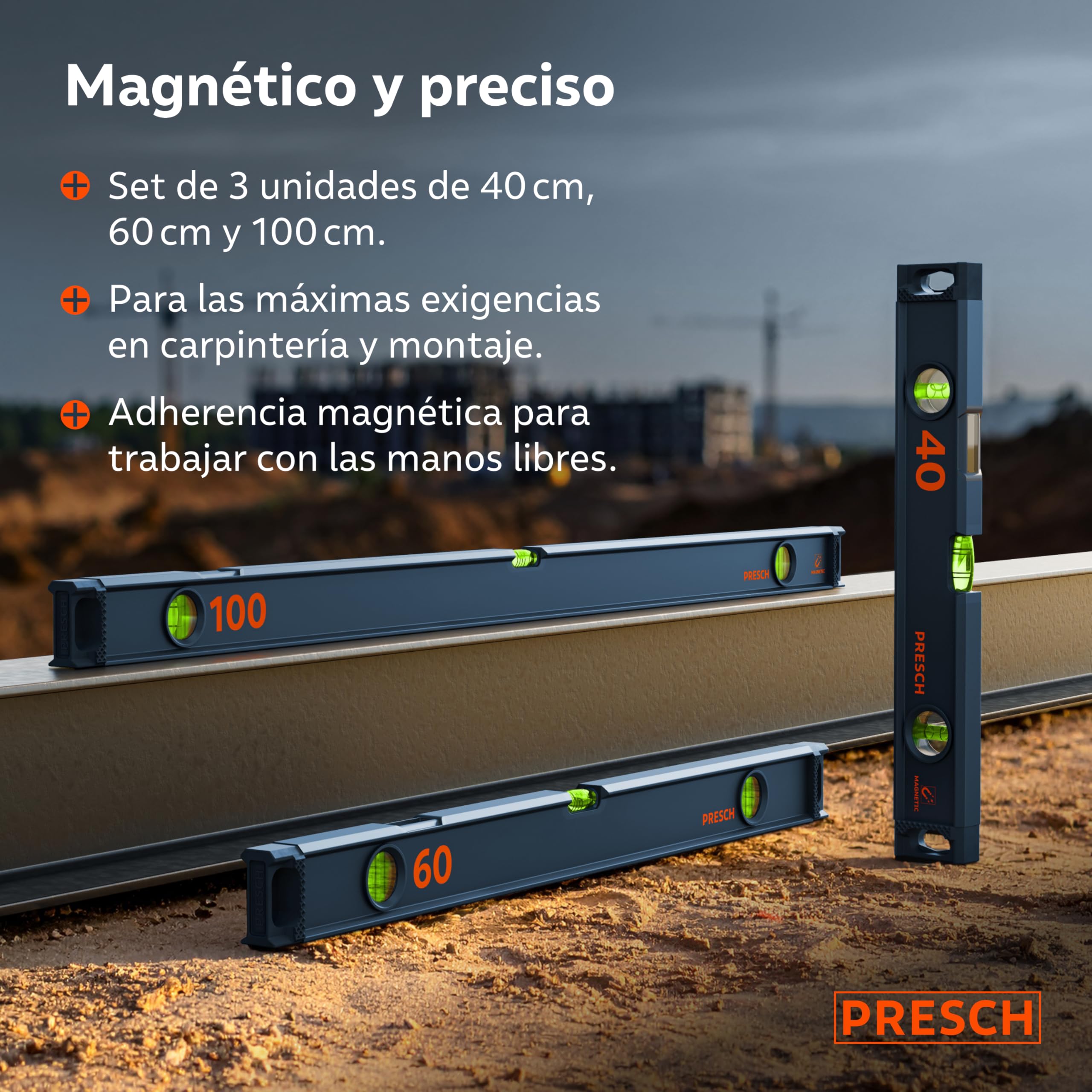 Presch Juego de Niveles Magnéticos 3 pzs. - 40cm, 60cm y 100cm - Ampolla irrompible con pendiente 2% - Ventana de lectura vertical - Tapones antideslizantes innovadores - Niveles de burbuja