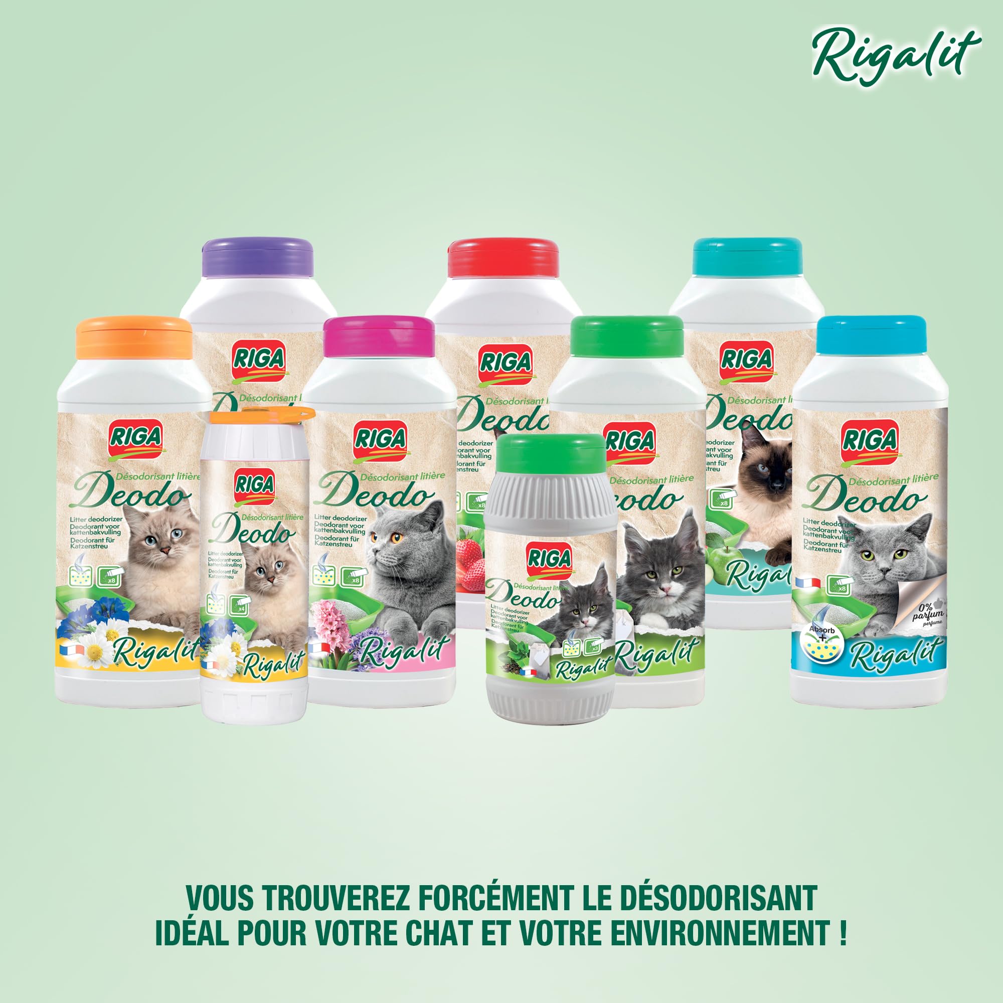RIGA - Rigalit Déodo - Désodorisant Litière Chat - Parfum Floral - Neutralise Odeurs Et Bactéries - Prolonge Durée De La Litière - Rafraichit L'Atmosphère - 750g