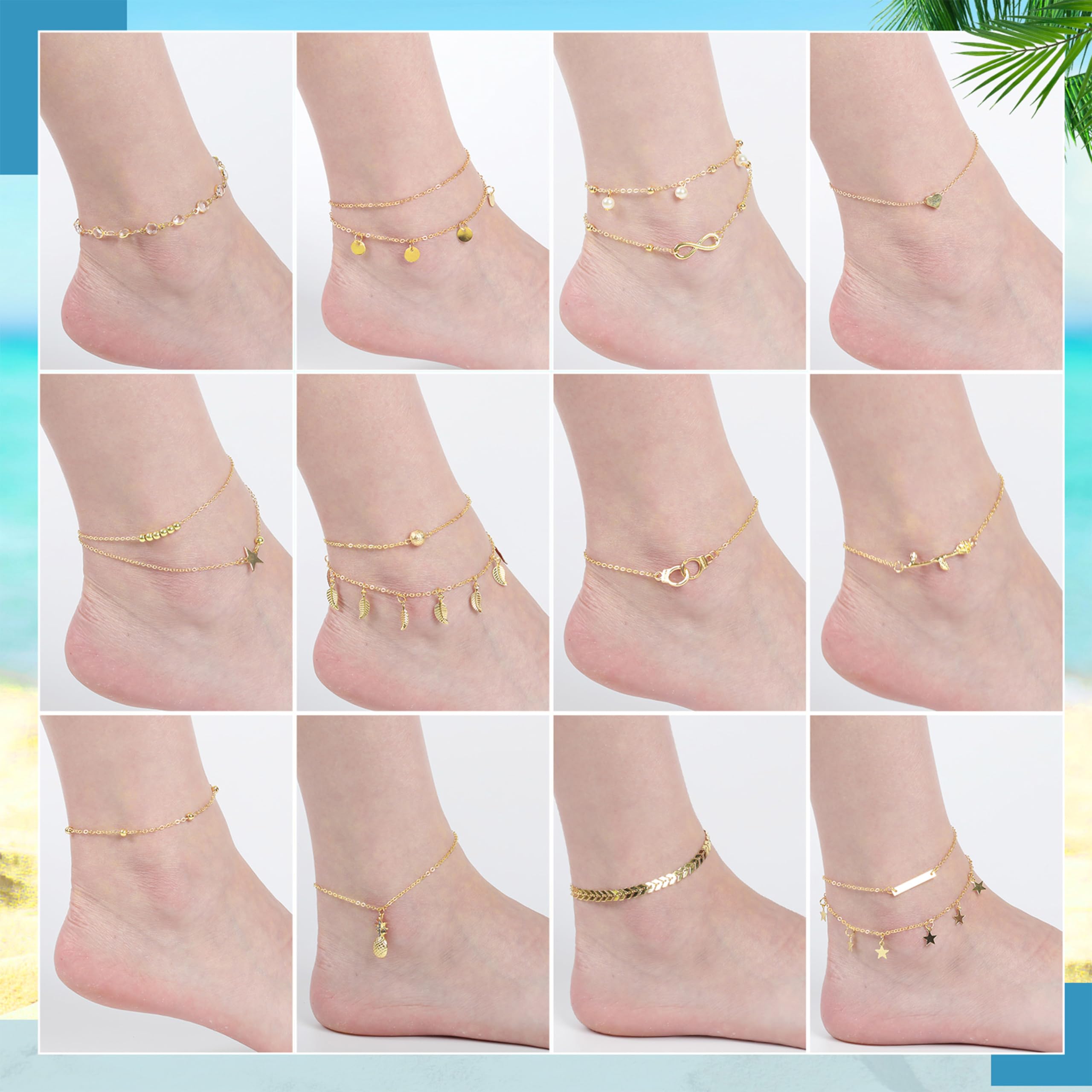 Juego de tobilleras de 16 piezas de 14 quilates para mujer, tobilleras de playa bohemias, cadenas de pie, joyería de mano ajustable, regalo romántico, aleación, No es una piedra preciosa 5