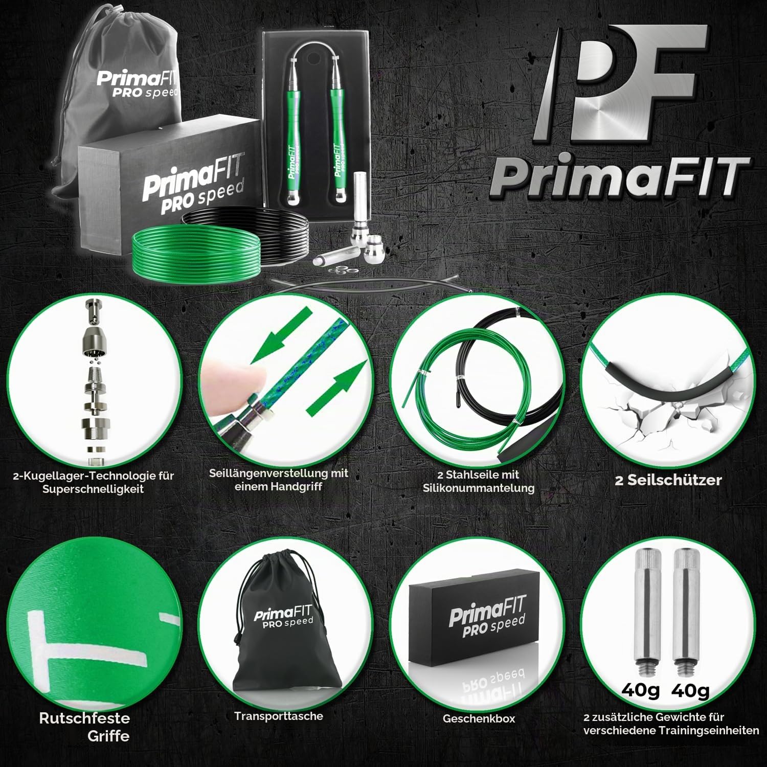 PrimaFIT Springseil Erwachsene Fitness Pro Speed Jump Rope 3m Seilspringen Verstellbar Mit Gewichten, 2 Kugellager & Anti-Rutsch Griffe, Profi Skipping Für Boxen, MMA, Crossfit, Extra Stahlseil,Tasche