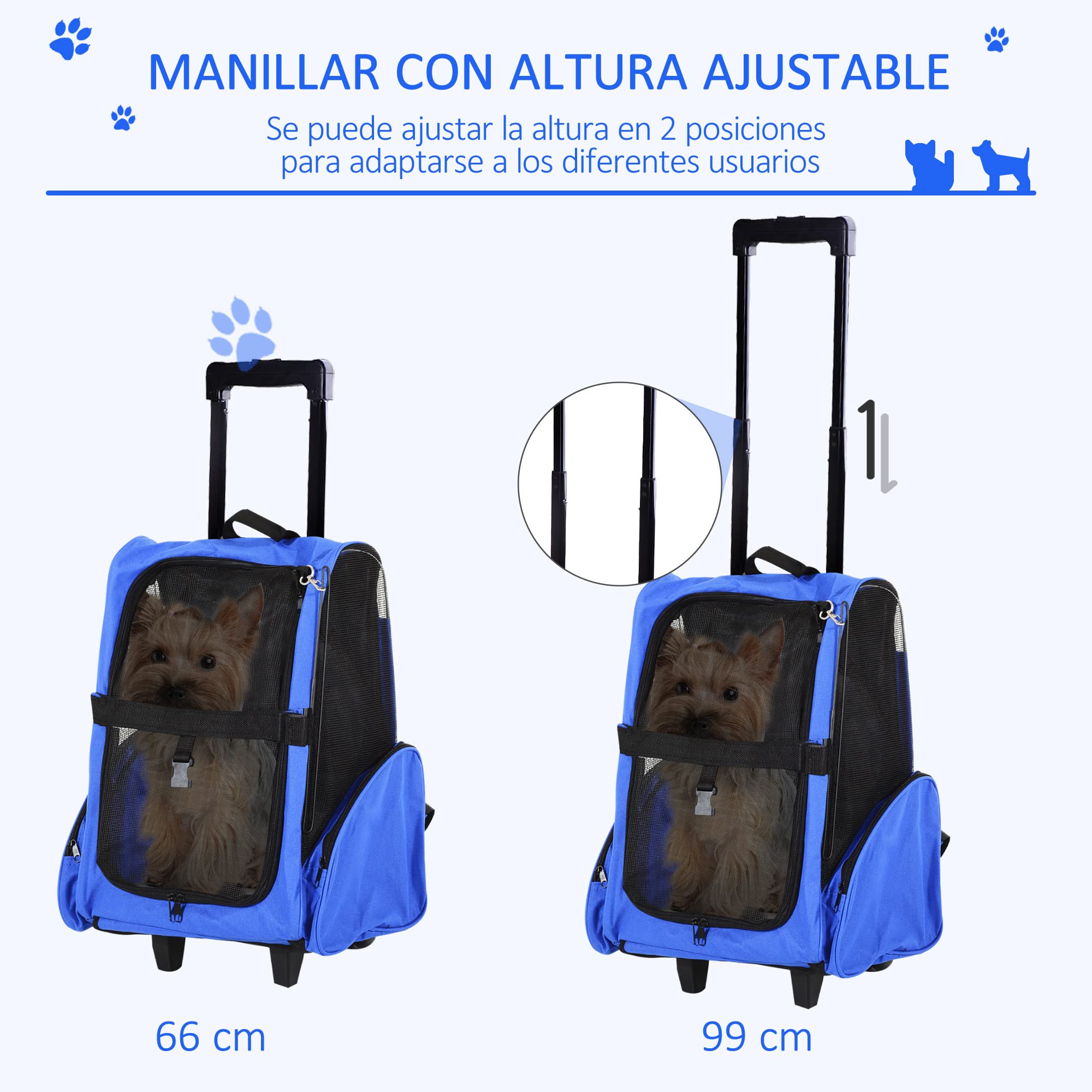 PawHut Transportín 2 en 1 para Mascotas Mochila o Carrito de Viaje para Perro y Gato con Ruedas con Asa retráctil y Bolsillos 42x25x55 cm Azul