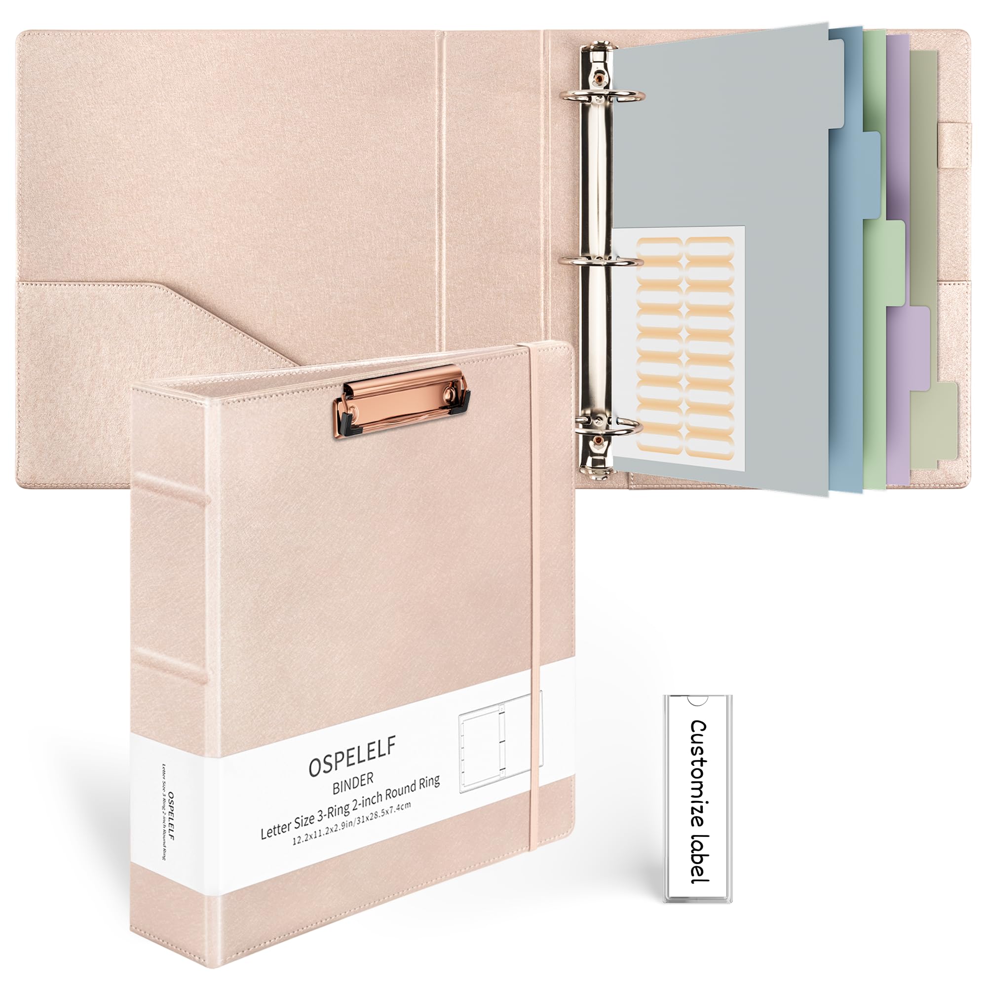 Ospelelf 3 Ring Binder with Clipboard 2 Inch Leather Binder for Letter Size (8.5" x 11"), Clipboard Binder with 5 Tab Dividers Back to School Supply, Rose Gold