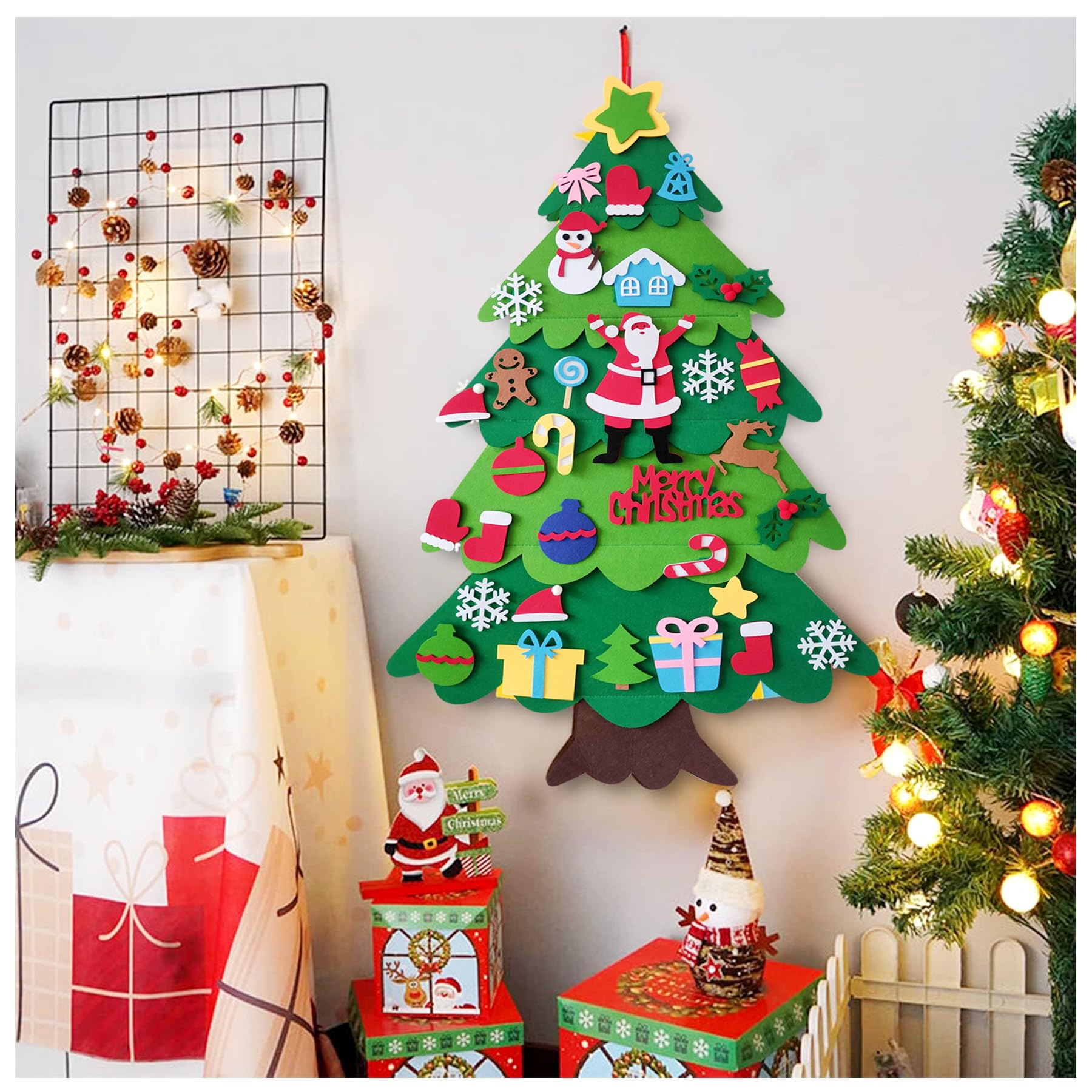 OUQIWEN Feltro Albero Natale,100 cm DIY Albero Natale Feltro Per Bambini Con 32 Staccabili Ornamenti,Decorazioni Natalizie Da Parete Per Porte