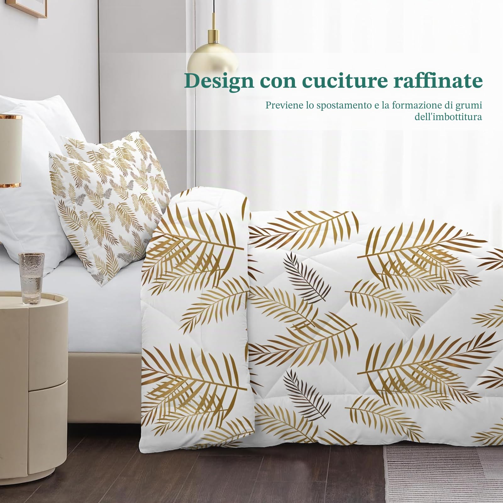 Trapunta 220 x 240 cm Piante Bianco Stampata Foglie Palma 4 Stagioni per Letto 2 Persone, Edredon Reversibile Trapunta Legere, Senza Houss e 2 federe 65 x 65 cm