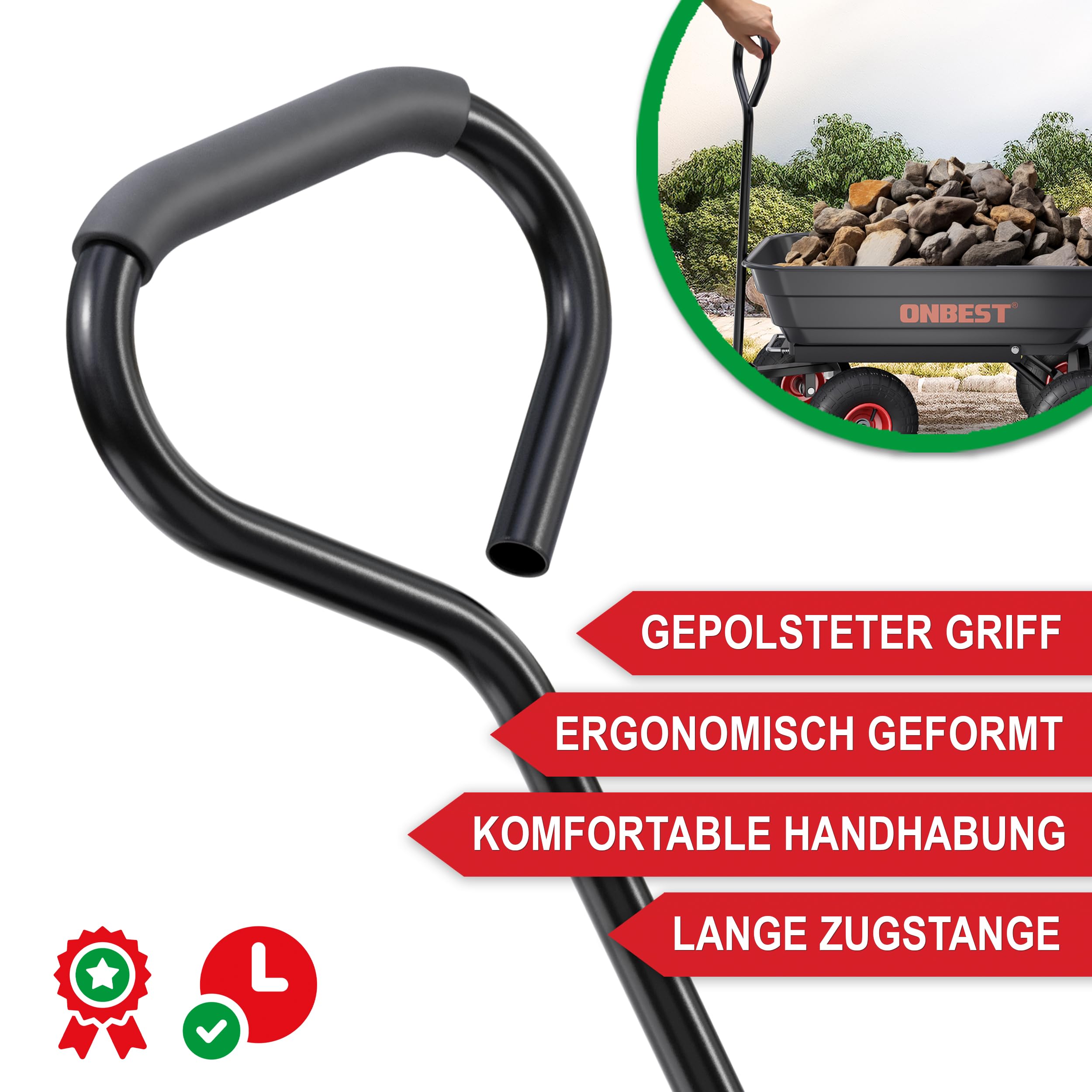 ONBEST Transportwagen mit Kippfunktion – 300 kg, 75 L Wanne | Schwarze Gartenkarre mit großer Kunststoffwanne – als Bollerwagen und Dumper inkl. großem Gartenabfallsack