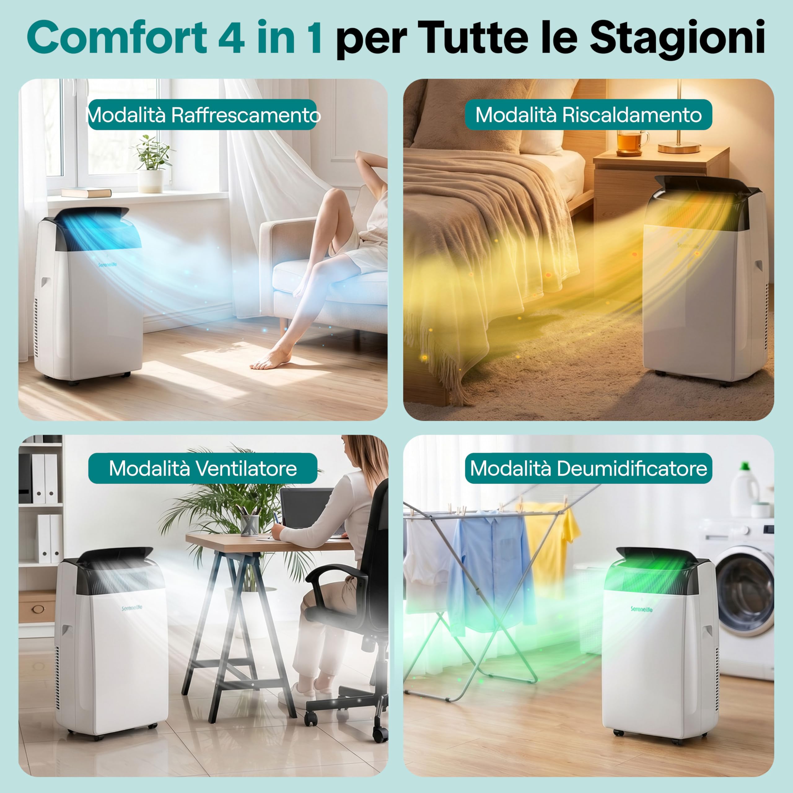 SereneLife Climatiseur Mobile 14000 BTU 2,9 kW avec Évacuation – WiFi 4 en 1 pour pièces jusqu’à 45 m², Refroidit Chauffe Ventile Déshumidifie