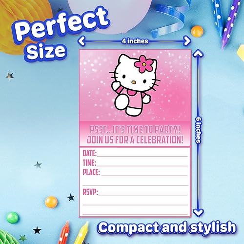 Miniatura 7 de Juego de 20 tarjetas y sobres de invitación de cumpleaños inspirados en gatos rosados, ligeros (8.47 oz), invitaciones estilo postal para el paquete