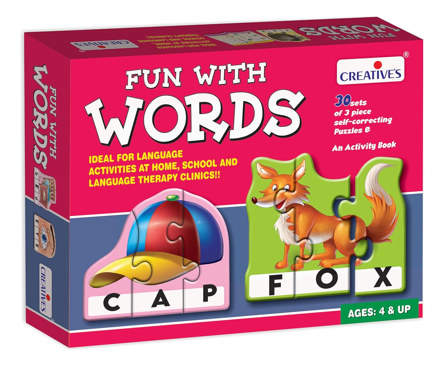 Creative’s Fun with Words – Educational Word Puzzles Game for Kids | 30 Self-Correcting 3-Piece Puzzles Learn Letter Recognition, Spelling & Reading | Language Development Toy for Ages 4+