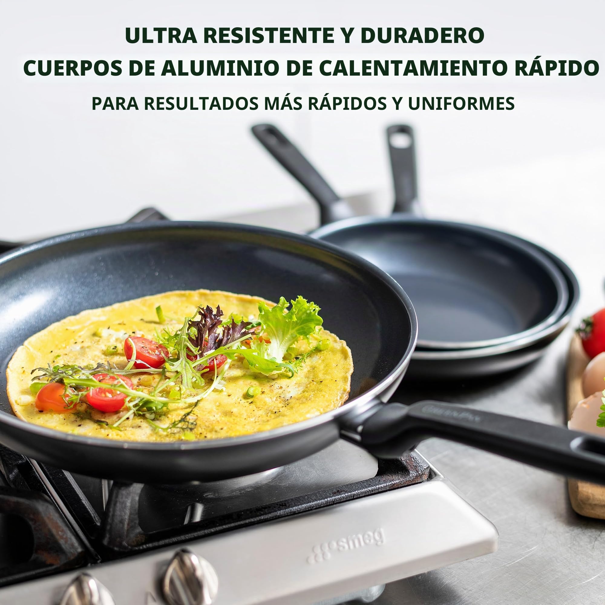 GreenPan Memphis Juego de Sartenes Antiadherentes de Aluminio con Revestimiento de Cerámica Saludable, 20 cm, 24 cm & 28 cm, Sin PFAS, Aptas para Inducción, Horno y Lavavajillas, Negro