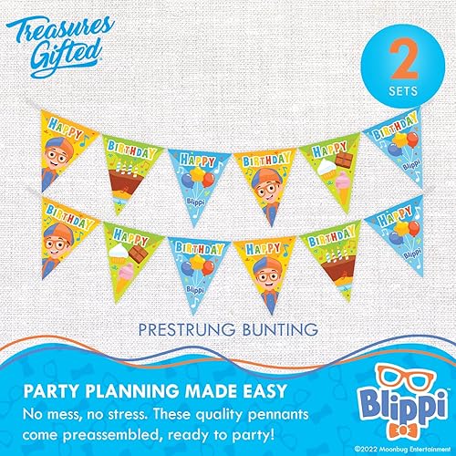 Miniatura 3 de Treasures Gifted Paquete de 2 banderines triangulares con licencia oficial de Blippi, suministros para fiesta de cumpleaños de Blippi, decoraciones