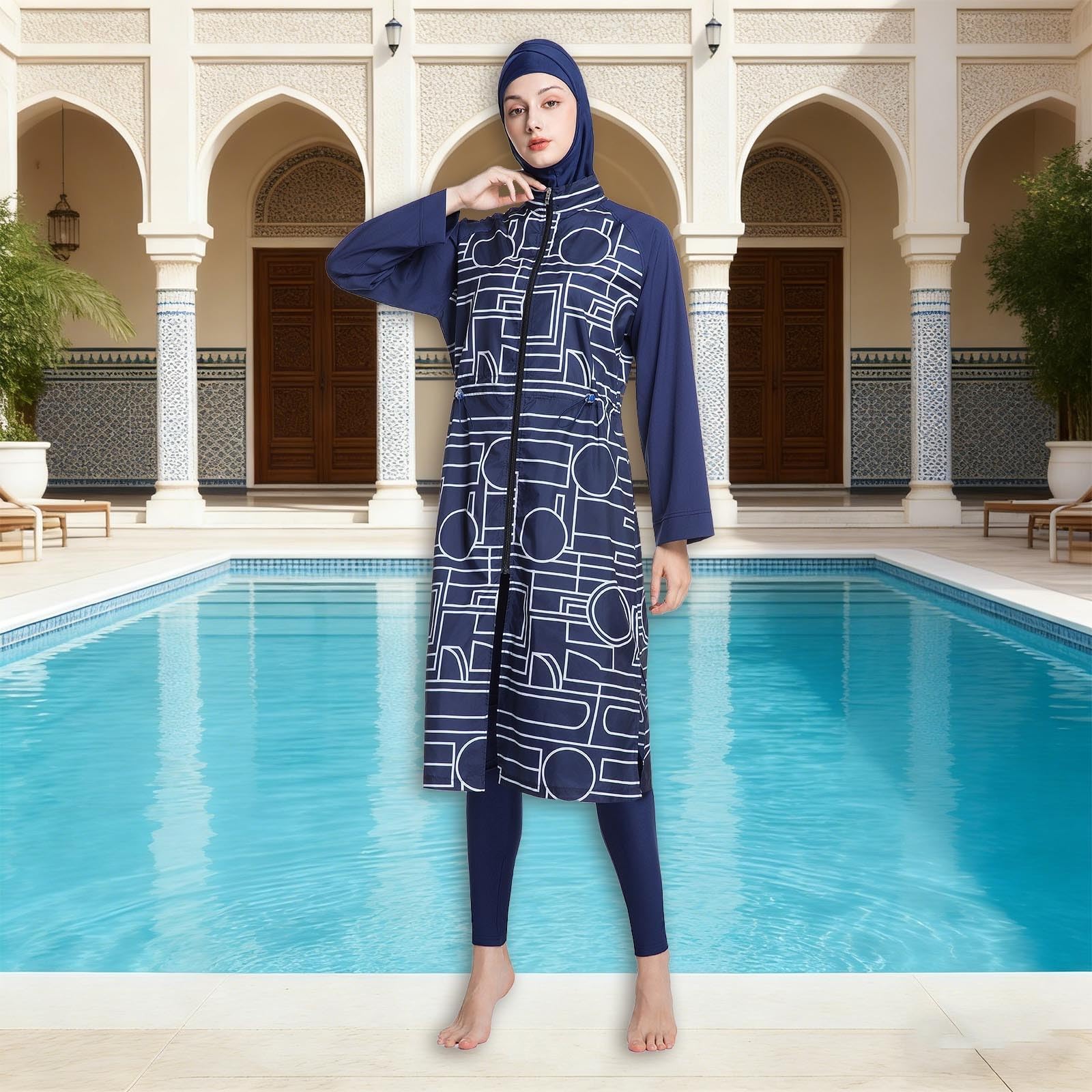 Generisch Badeanzug Damen Muslim Große Größen 3tlg Set Rash Guard Langarm Ganzkörper Schwimmanzug Schwimmkleid + Schwimmhose + Hijab Badeanzug Islamische Schwimmkleidung UV Schutz