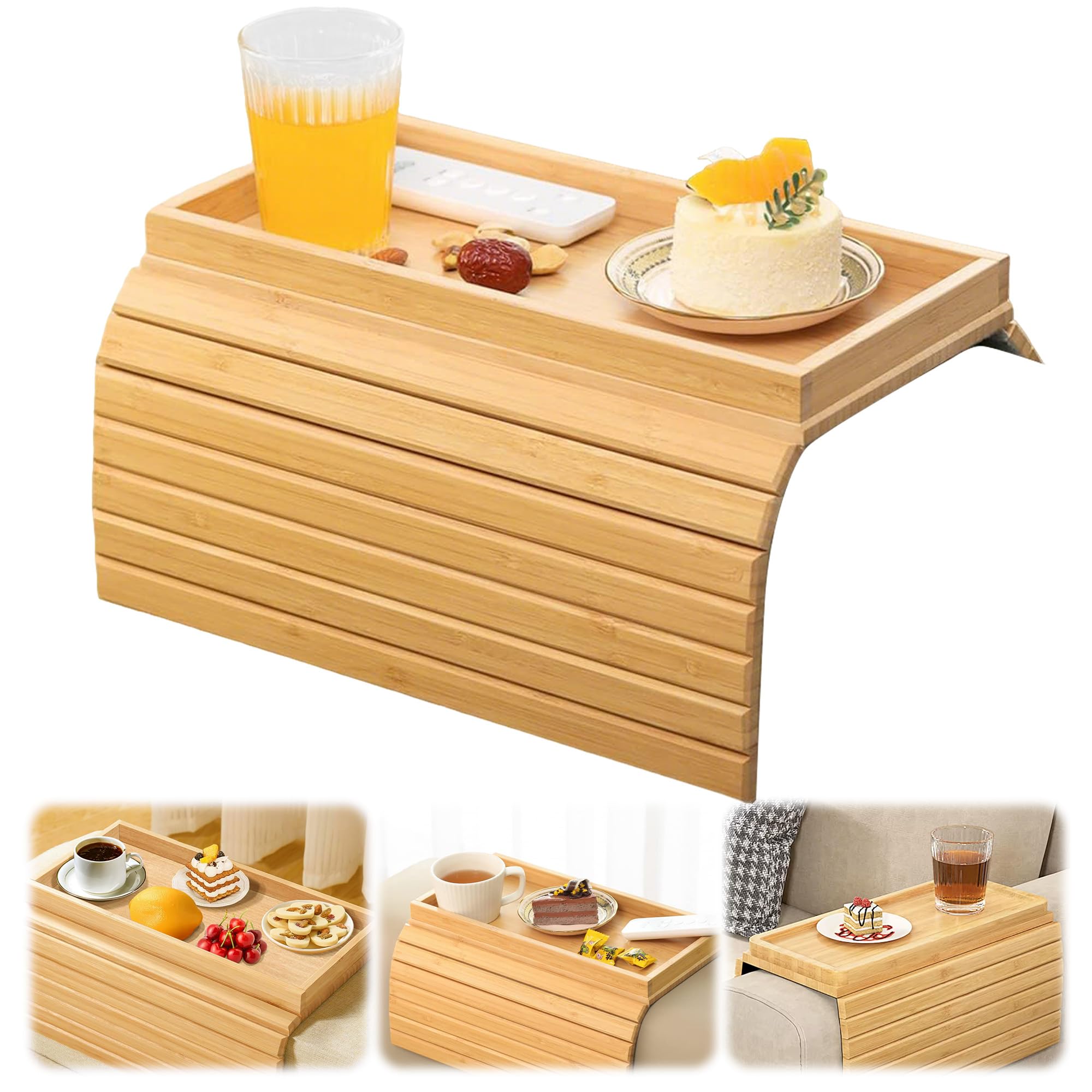 Yozaiuui Bamboo Foldable Sofa Arm Tray: Wooden Armchair Tray With Anti-Slip Backing For Remote Control Drinks Snacks Cups