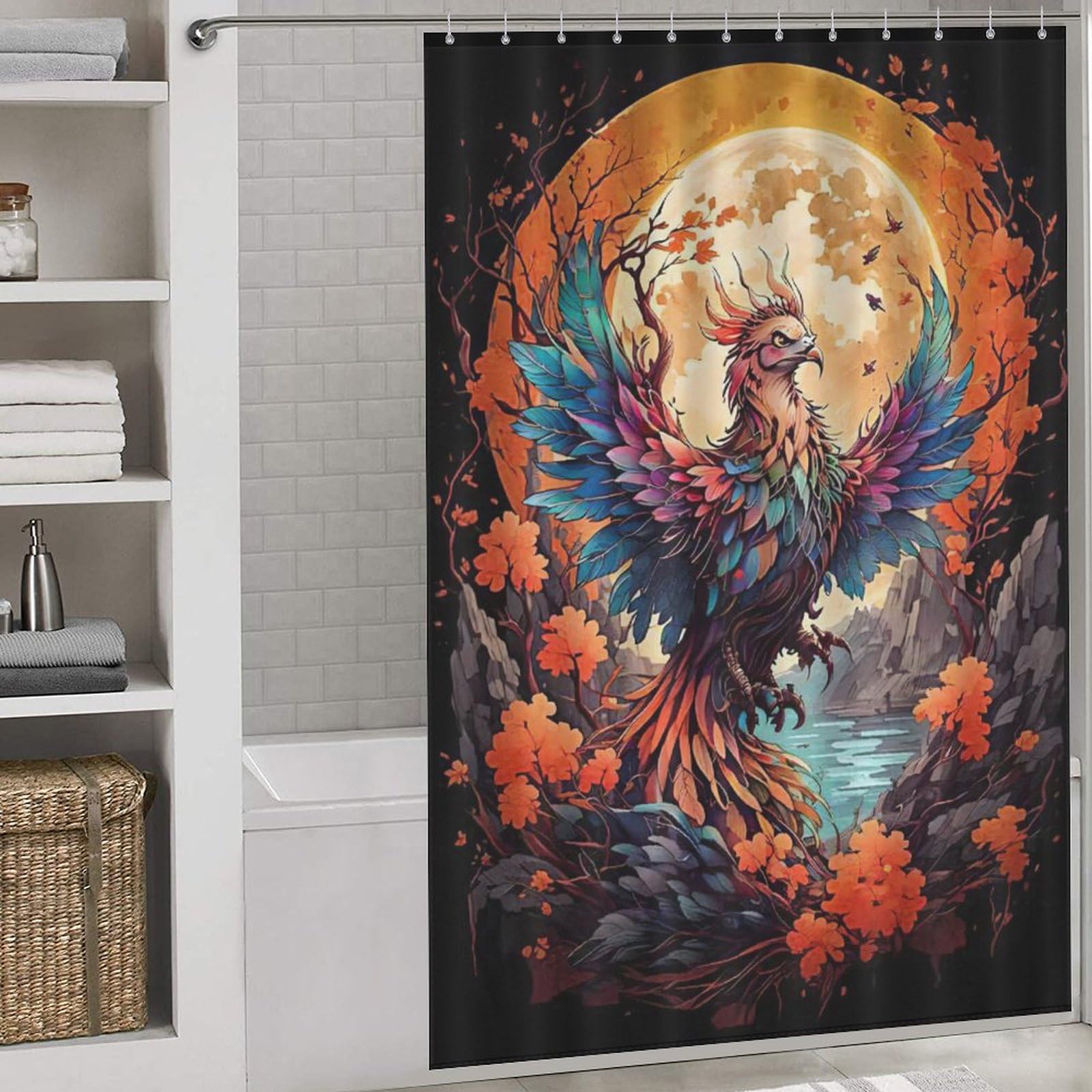 Rideau de douche tissu lavable Phénix 152x183 cm avec 12 crochets pour baignoire