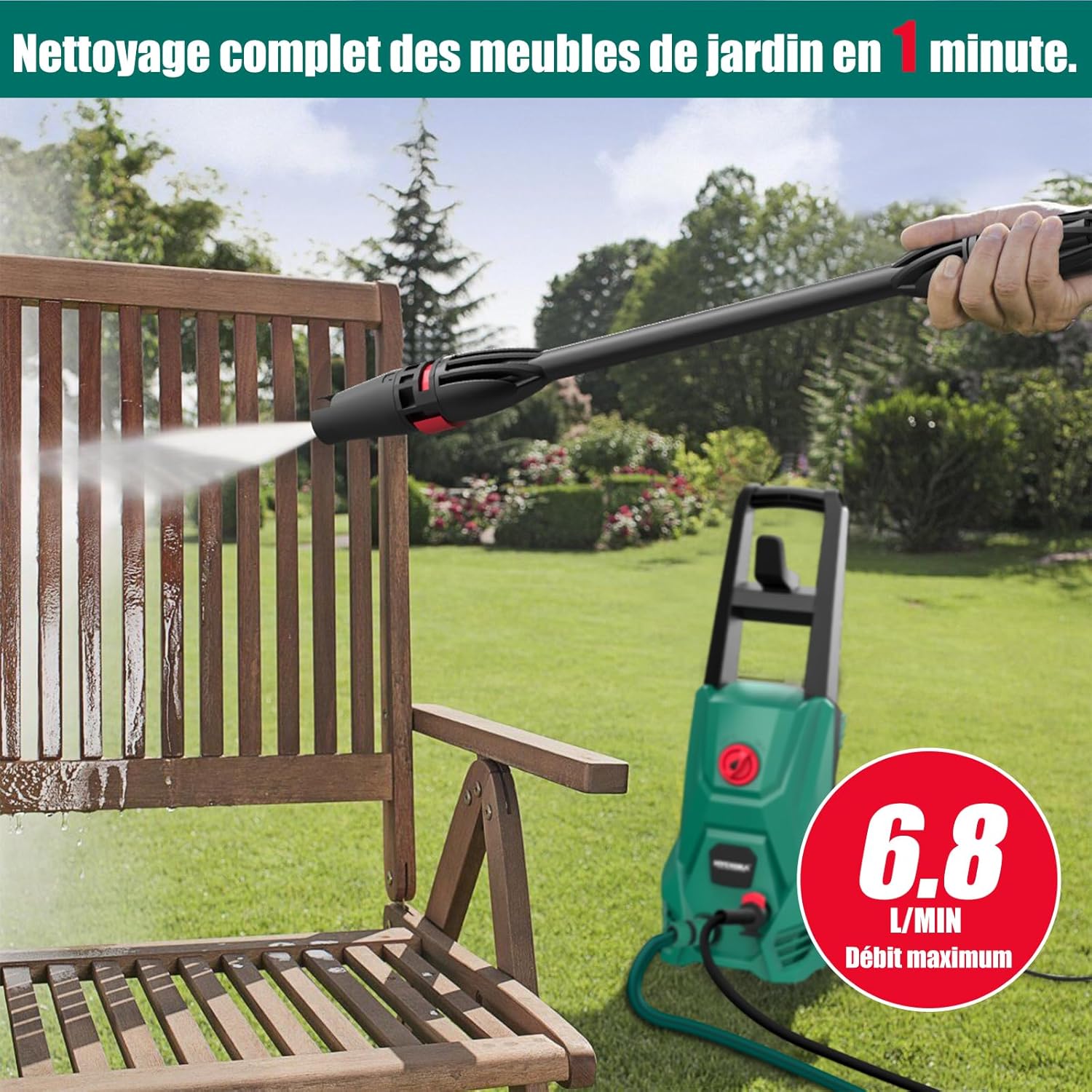 Cleaning wooden garden furniture with the HYCHIKA pressure washer