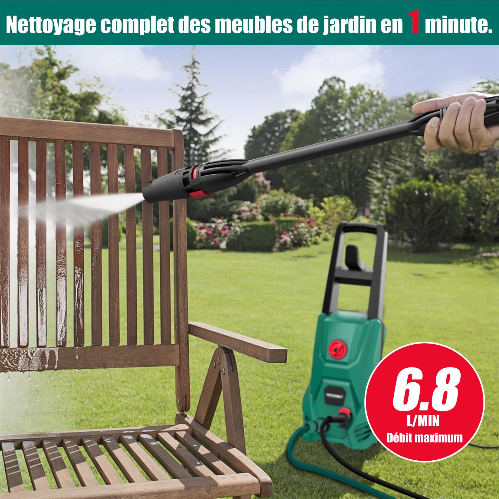 HYCHIKA Nettoyeur Haute Pression, 110 Bar Max. 410 l/h Débit 1500W Lave-auto Portable avec Réservoir Mousse, Tuyau 5m Câble 5m, Nettoyeurs Haute-pression Idéal pour Voitures Clôtures Patios