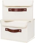 ANMINY 2PCS Boîtes de rangement avec couvercle PU Poignées en cuir Boîtes de rangement PP Tableau en plastique décoratif pliable tissu de lin de coton plié Accueil Cubes Paniers Étui Organisateur Conteneurs - Beige, petite taille