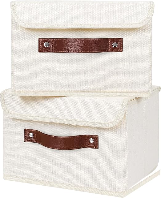 ANMINY 2PCS Boîtes de rangement avec couvercle PU Poignées en cuir Boîtes de rangement PP Tableau en plastique décoratif pliable tissu de lin de coton plié Accueil Cubes Paniers Étui Organisateur Conteneurs - Beige, petite taille