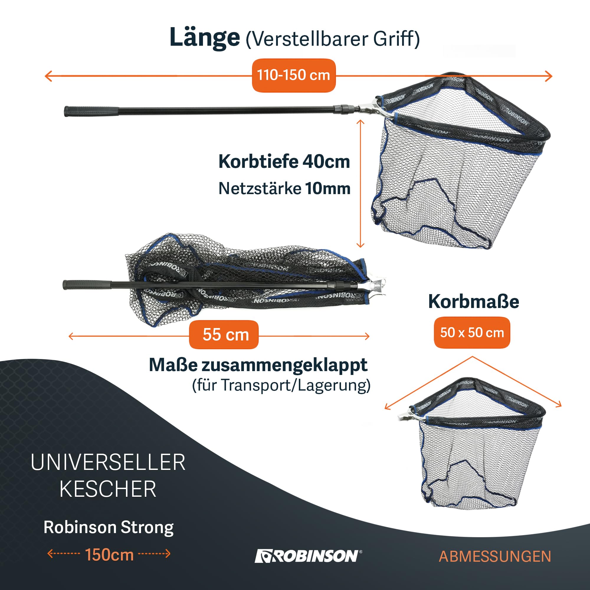 Robinson Gummiert Kescher Angeln - Angel Kescher mit verstärktem Aluminiumrahmen - Teleskop Unterfangkescher - 3 Längen (1,5m/2m/2,5m) – Klappbar
