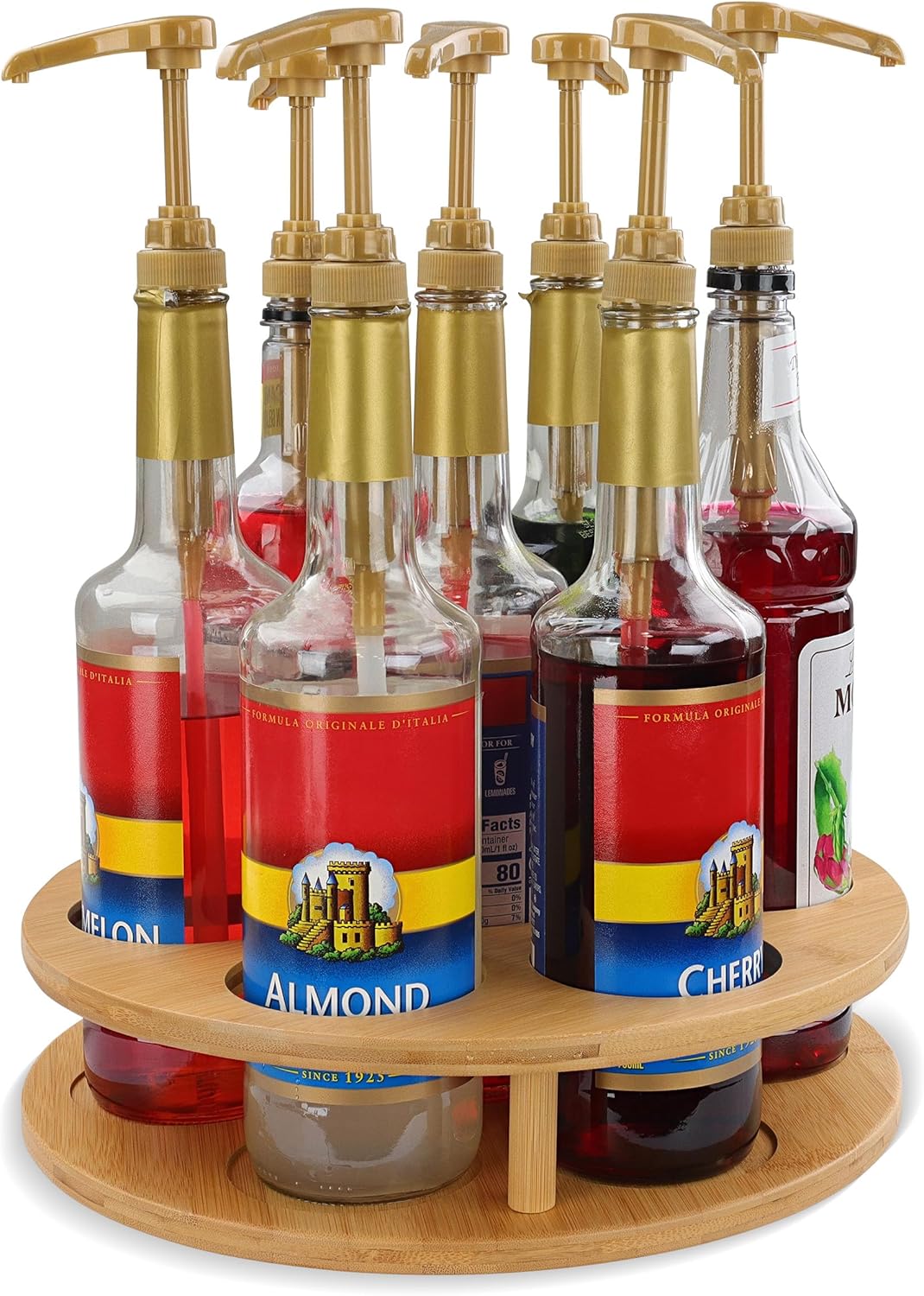 7Penn Coffee Syrup Organizer for Countertop 7 Bottle Rotating Bamboo
