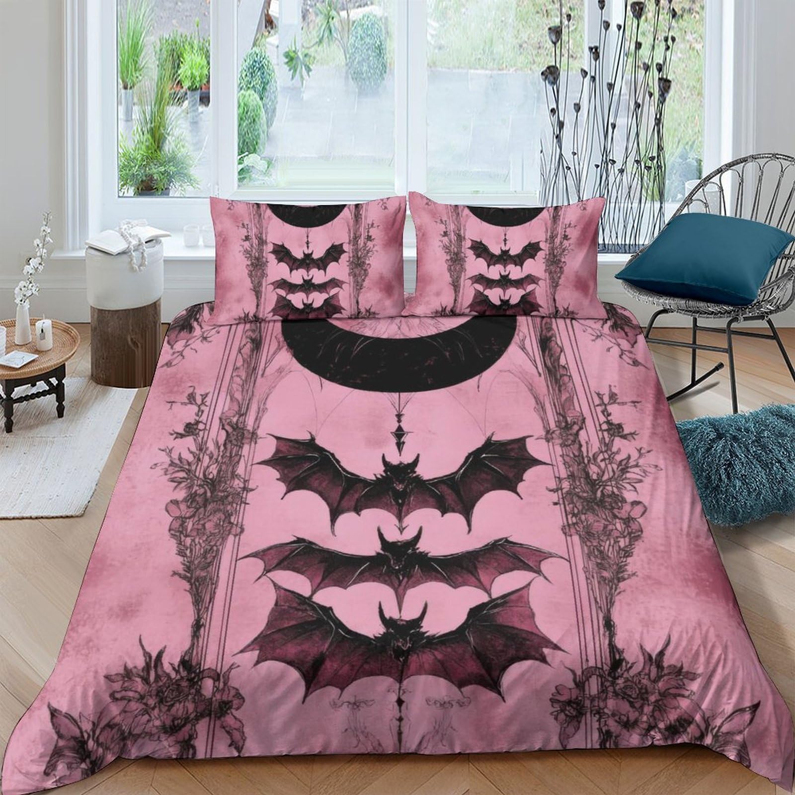 Ctjqhvkz Style-5 3D Printed Pink Gothic Bat Fitted Sheet Microfiber Soft Slip-Resistant Halloween Moon Bed Cover For Bedroom Decor Single（135X200cm）