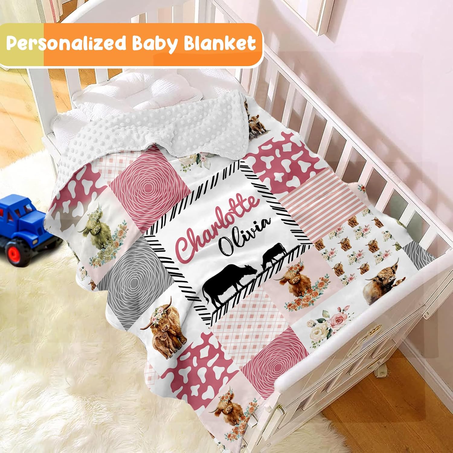 Dyoart Personalized Baby Blanket - Highland Cattle Design with Custom Name for Boys Girls, Soft Throw Blankets with Double Layer Dotted Backing, Customized Kids Toddlers Gifts for Birthday