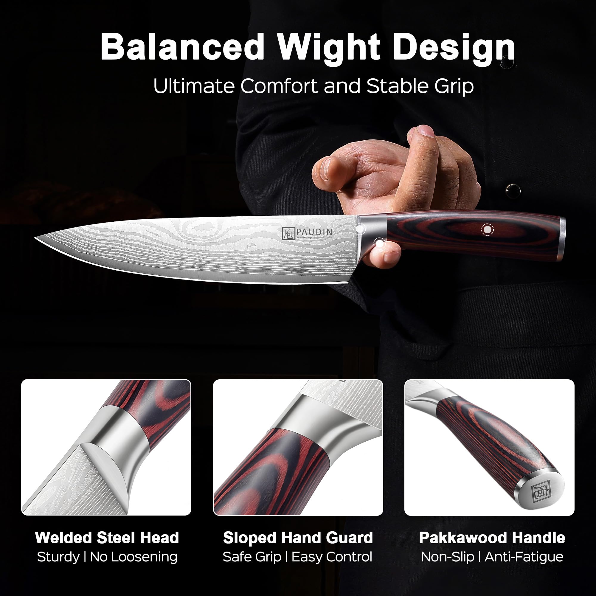 PAUDIN Kitchen Knife Set, 3 Piece High Carbon Stainless Steel Professional Chef Knife Set with Ultra Sharp Blade & Wooden Handle (Kitchen Knife Set 3 Pcs) — Amazon image 4