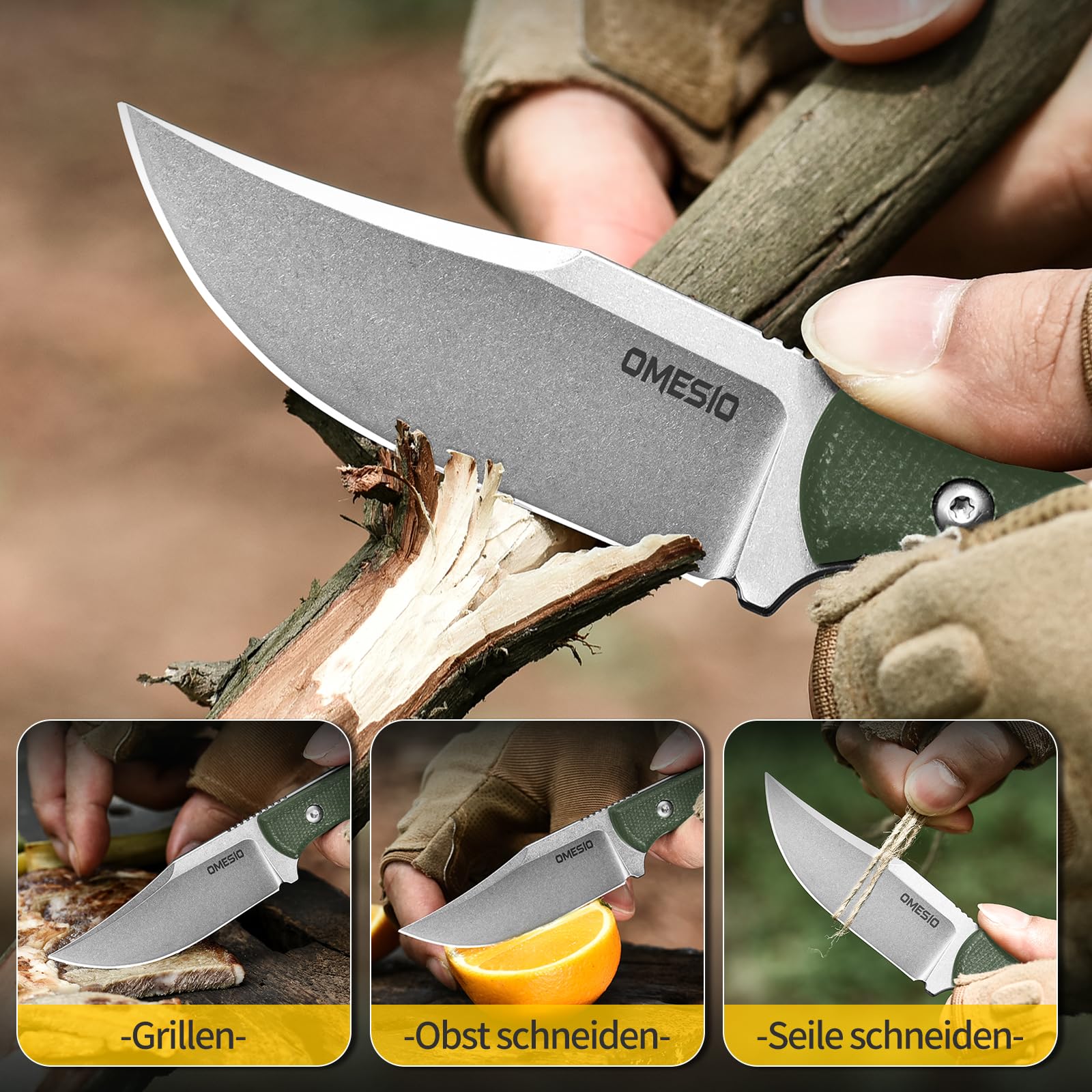 Omesio Couteau EDC D2 7,8 cm Manche Micarta avec Étui Kydex | Livré avec pierre à aiguiser et corde en nylon, idéal pour camping, randonnée et activités de plein air.