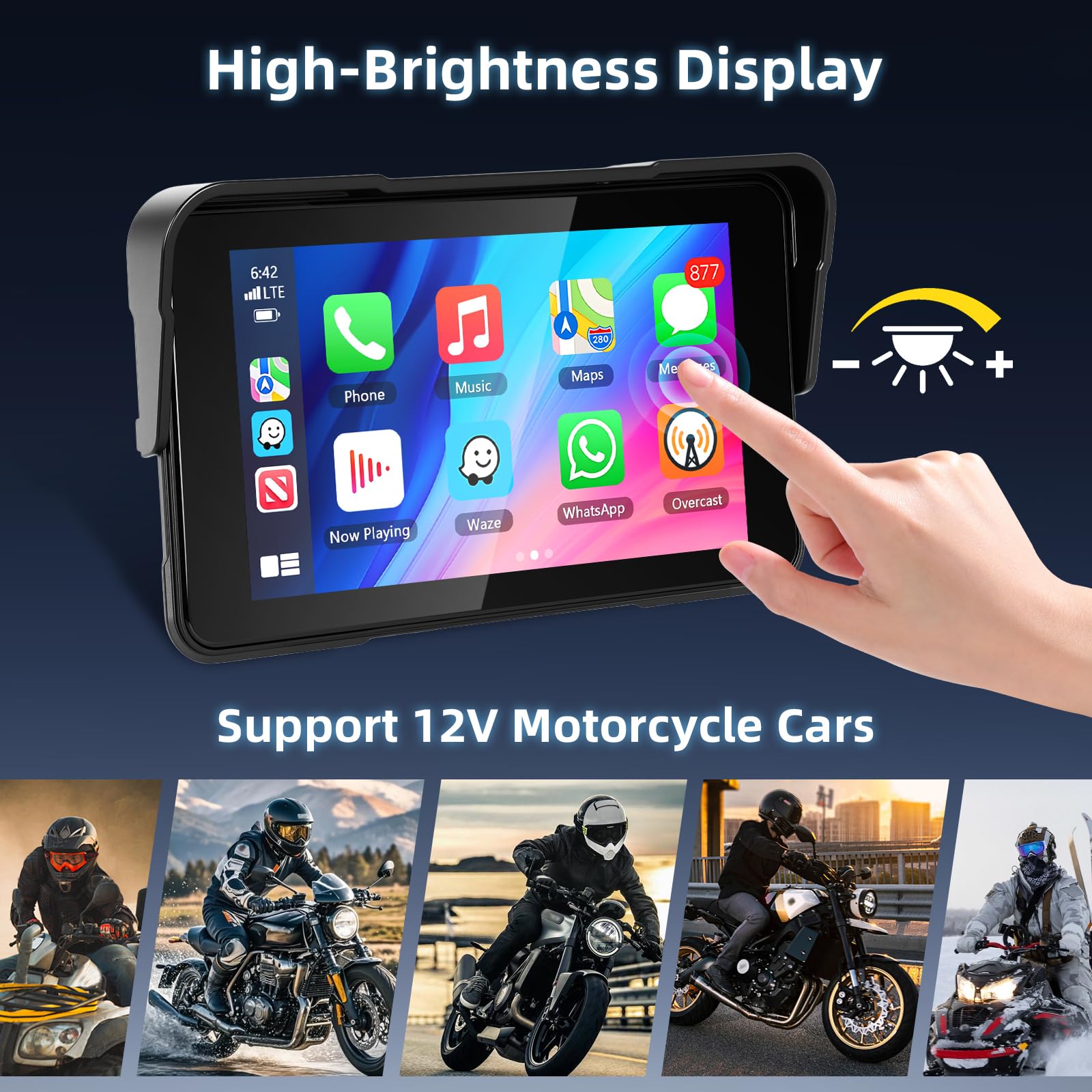Schermo Carplay per Moto con Senza Fili CarPlay e Android Auto, Motorsi 5 Pollici Impermeabile Touchscreen, Doppio Bluetooth, Navigazione GPS, Siri/G00gle Assistente, Plug-and-Play