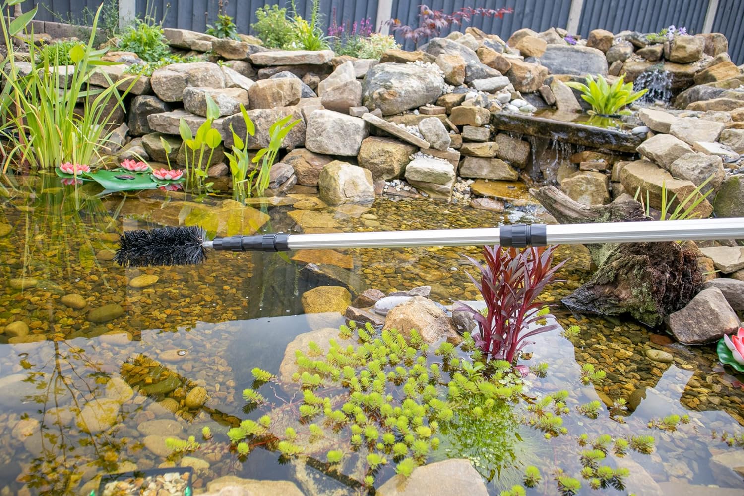 Water Garden Koi Fish Pond Cleaning Brush with 70" (1.7m) Telescopic Pole, Extends for Hard to Reach Areas | Backyard Pond Scrub Brush Durable Nylon Bristles