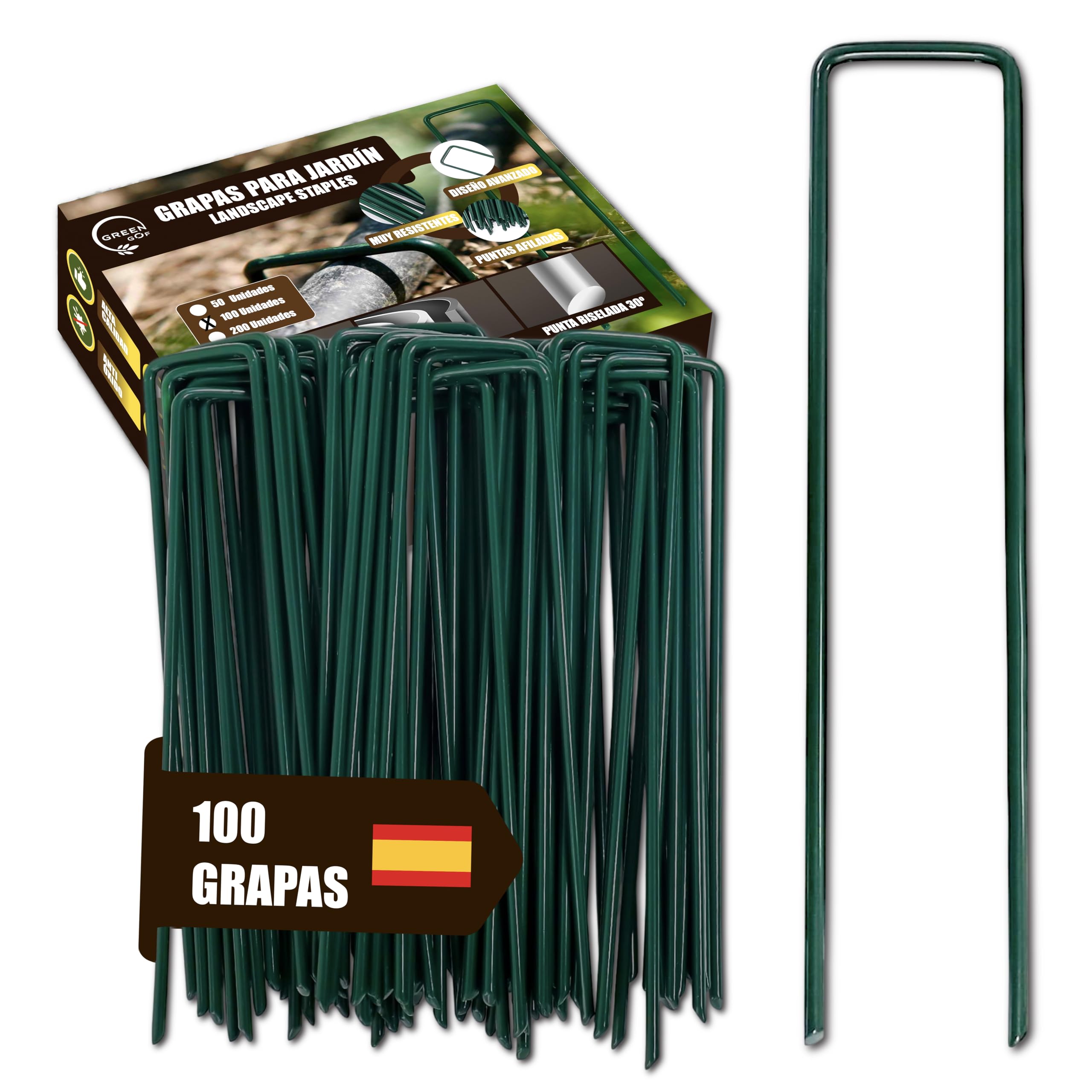GREENGOF Grapas Verdes para Cesped Artificial, Malla Antihierba y Jardin, 100Unds - Acero Galvanizado, 15x4cm, Ø3mm - Ultra Resistentes y Anticorrosivas - Piquetas de Jardín, Anclaje al Suelo.