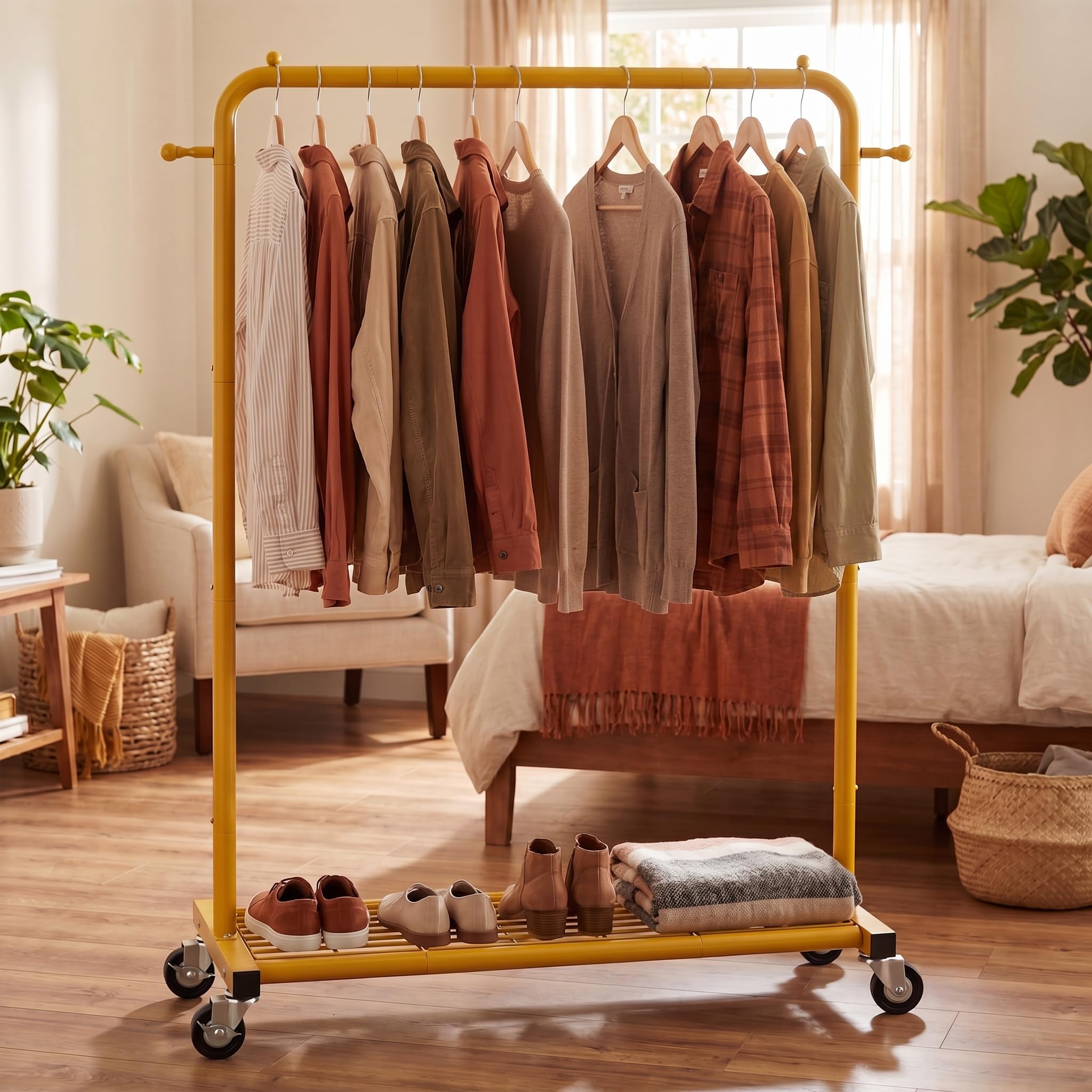 Sywhitta - Perchero con ruedas y estante inferior de malla, estructura metálica resistente, para ropa, abrigos y faldas, 101 x 40,6 x 164 cm (largo x ancho x alto), dorado