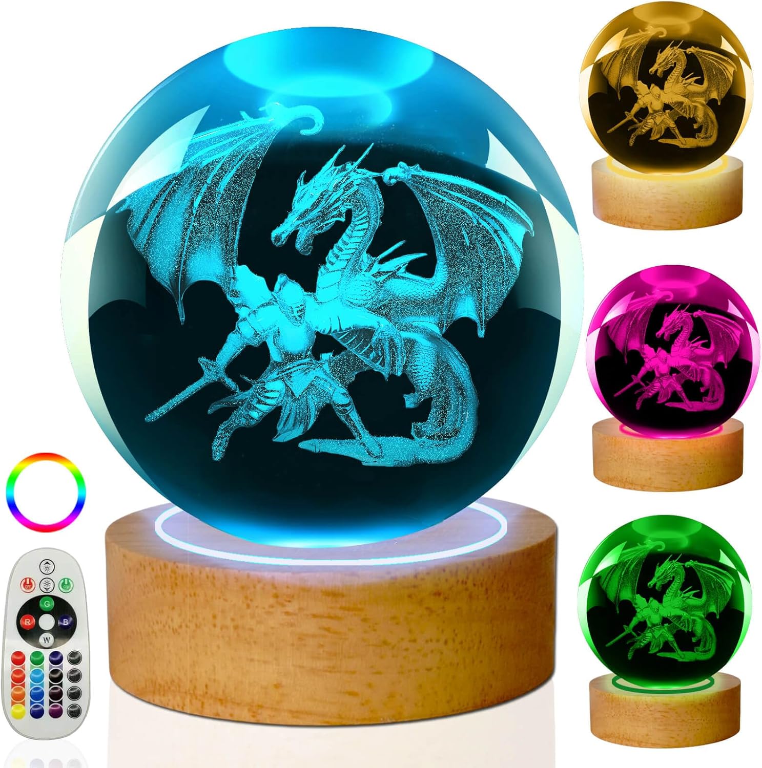 Dragon Table Lamp, 3.15in 16 Colors Crystal Ball Night Light with Wooden Base and Remote Control, Birthday Gift and Dragon Gifts for Women Men Kids (Dragon）