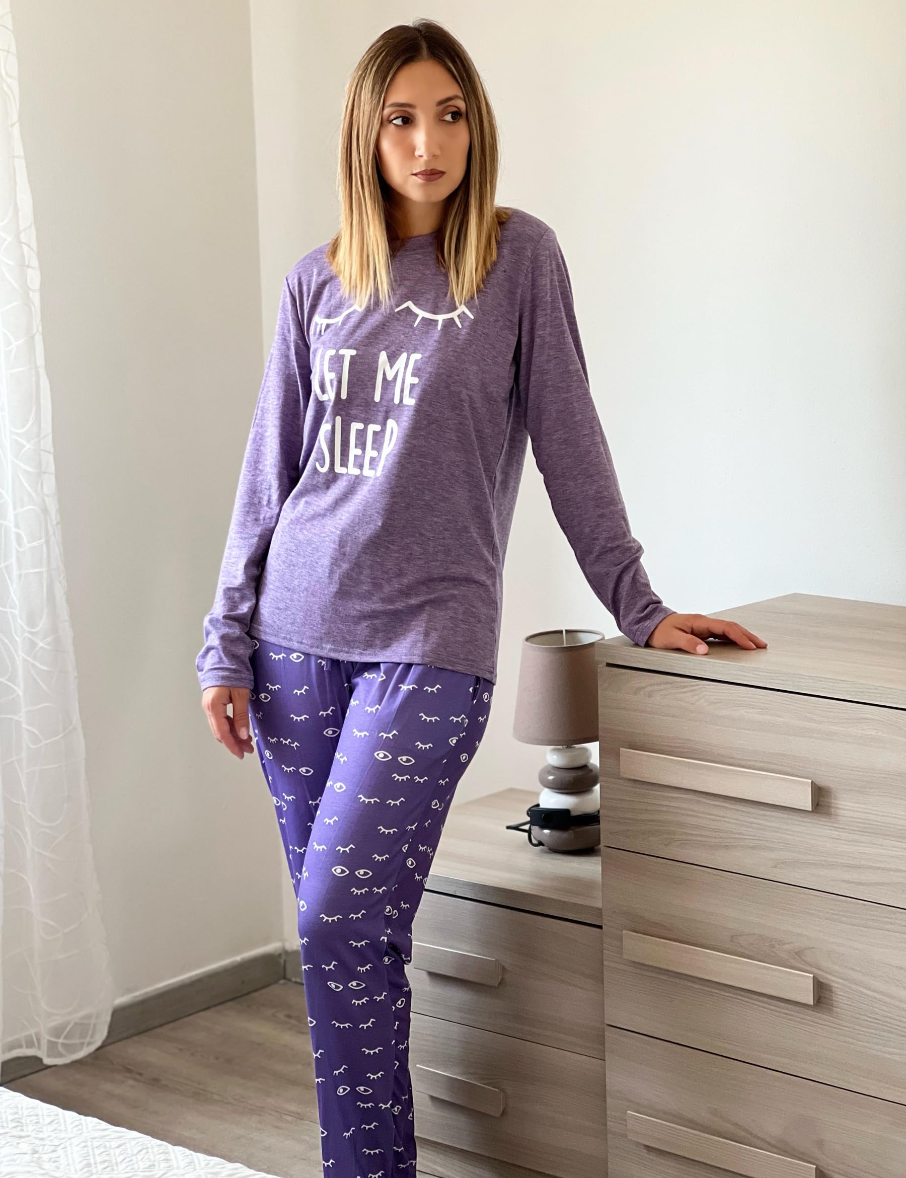 Uniexcosm Pigiama per Donna Pigiama Donna Cotone Lungo Leggero Gatto Girocollo Maniche Lunghe Pigiama Due Pezzi Donna a Tasche Laterali