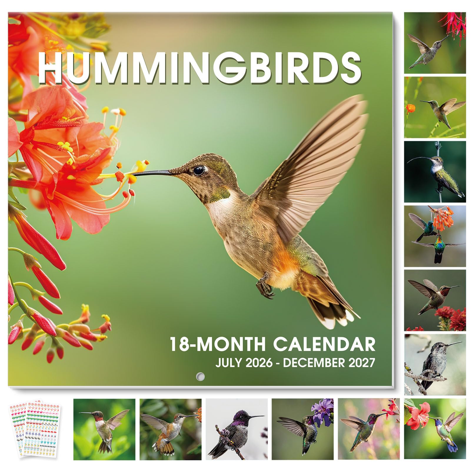 SKYDUE Hummingbird 2026-2027 Wall Calendar 12"x24" Opened, 16-Month Bird Calendar from July 2026 to December 2027 with Stickers, Thick Paper Monthly Calendar for Home Office Organizing & Planning Hummingbirds JUL 2026-DEC 2027
