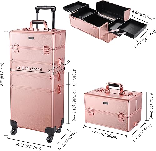 Miniatura 5 de Estuche de maquillaje rodante con ruedas, bolsa de maquillaje con cerradura para cosméticos, estuche de tren de viaje, gran almacenamiento con caja