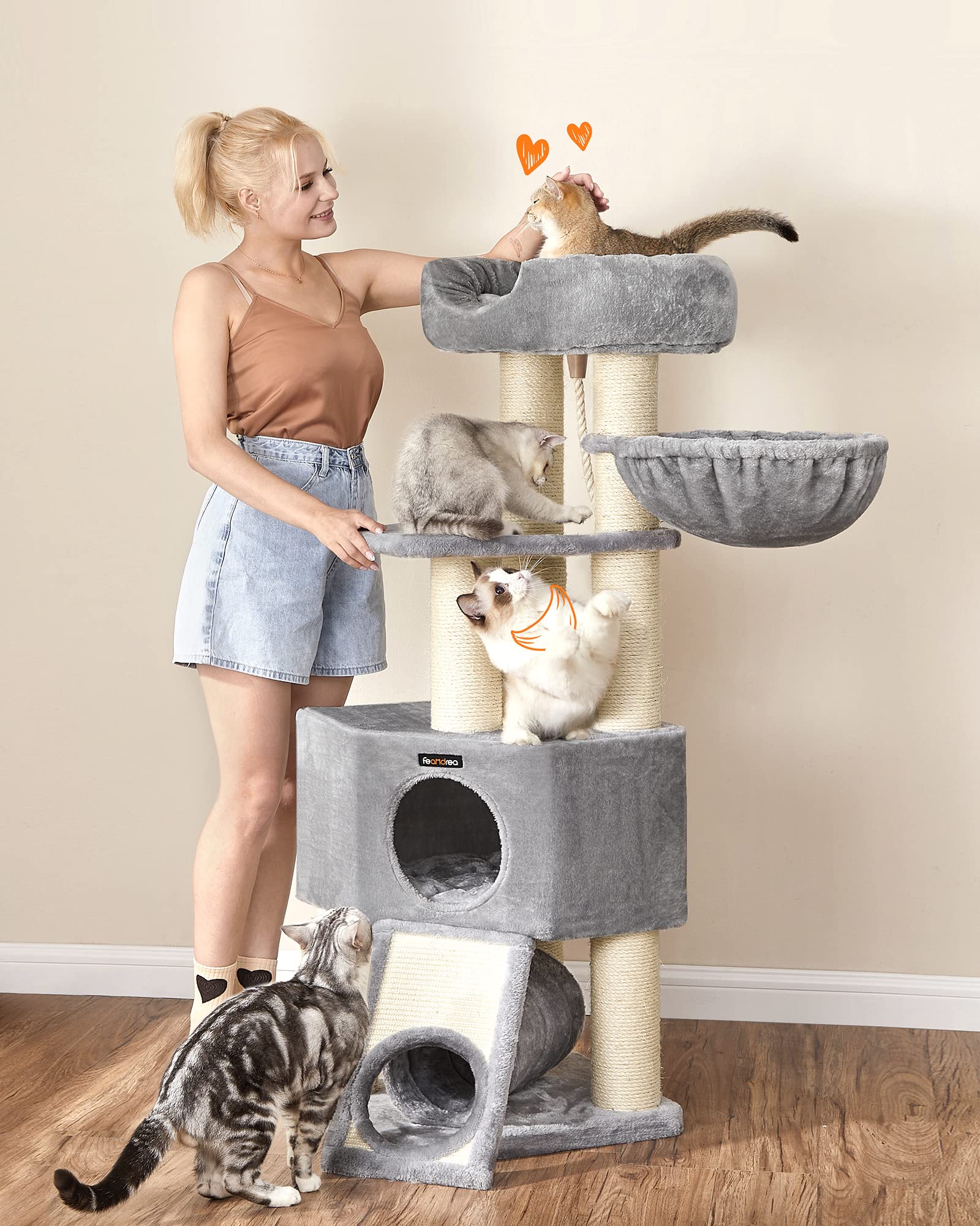 FEANDREA Árbol Grande para Gatos, Rascador para Gatos Tamaño M, Cueva, Hamaca, Plataforma de Felpa, Túnel, Columna de Cuerda de Sisal, Poste de Rascado, 50 x 50 x 141 cm, Gris Claro y Natural