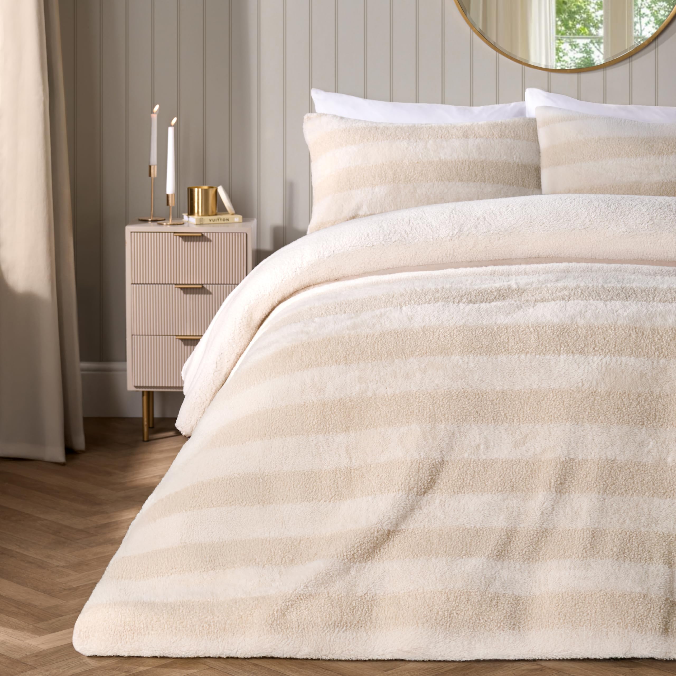Ohs Women's Natural Double Duvet Set Tufted Boucle Stripe, Christmas Duvet Cover Double Autumn Winter Warm Comfy Ultra Soft Faux Fur Fleece Bedding Set With Pillowcases,