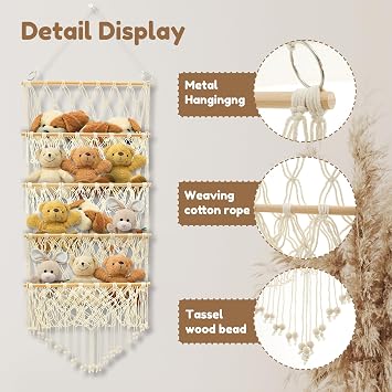 Teddy Hammock Stuffed Animal Toy Holder 4-Layer Versatile Over the Door Hanging Storage Organizer Bohemian Style Plush Toy Holder with Macrame for Nursery Playroom Bedroom (Beige)