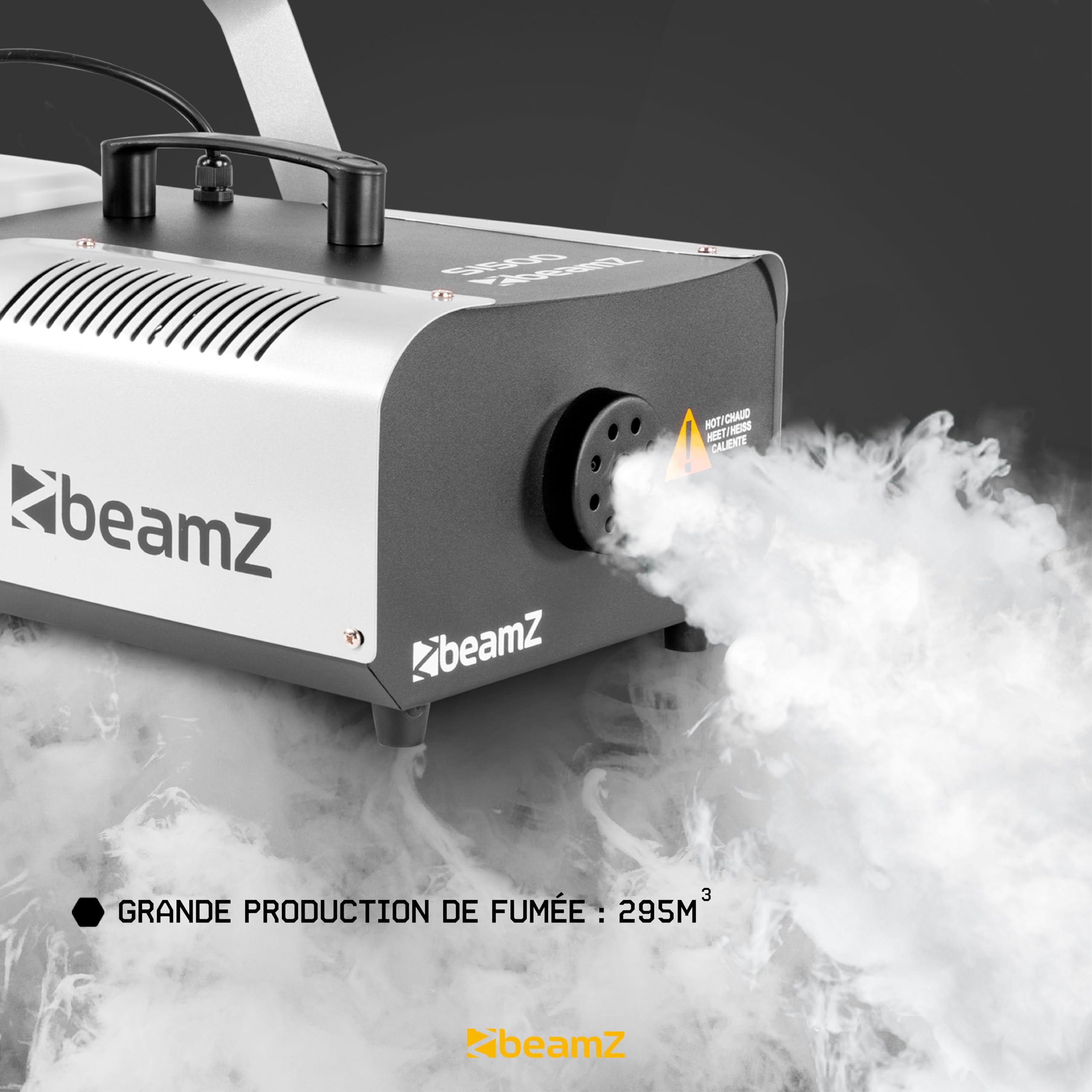 BeamZ S1500 Machine à Fumée 1500 Watts, Télécommande avec Contrôle du Débit et Programmateur, Réservoir 2.5 L, Débit par Minute 295m³, Étrier de Montage, Idéal pour Scène ou Discothèque