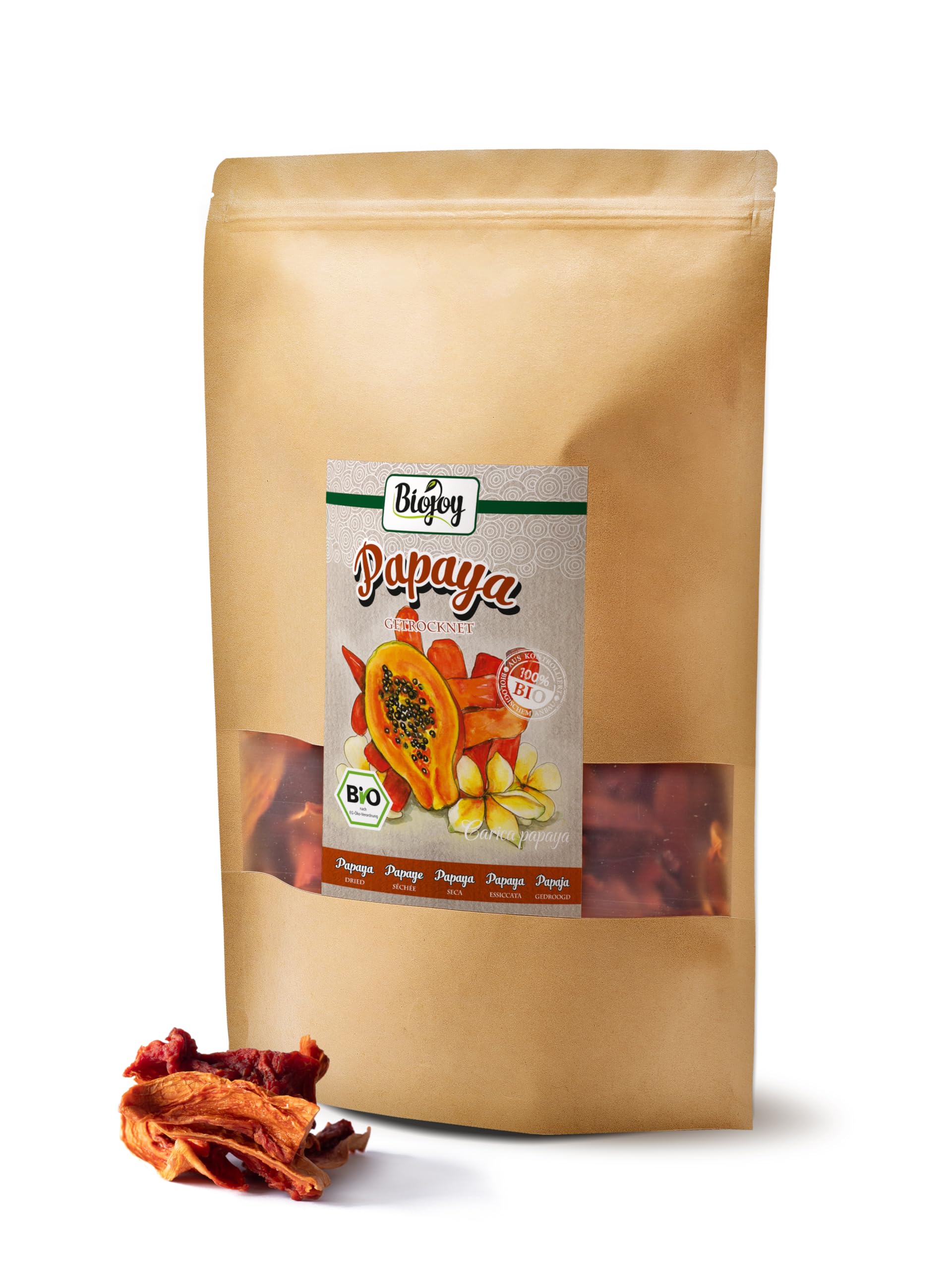 Biojoy Papaya seca BÍO (1 kg), Piezas enteras, sin azúcar añadido y sin azufre