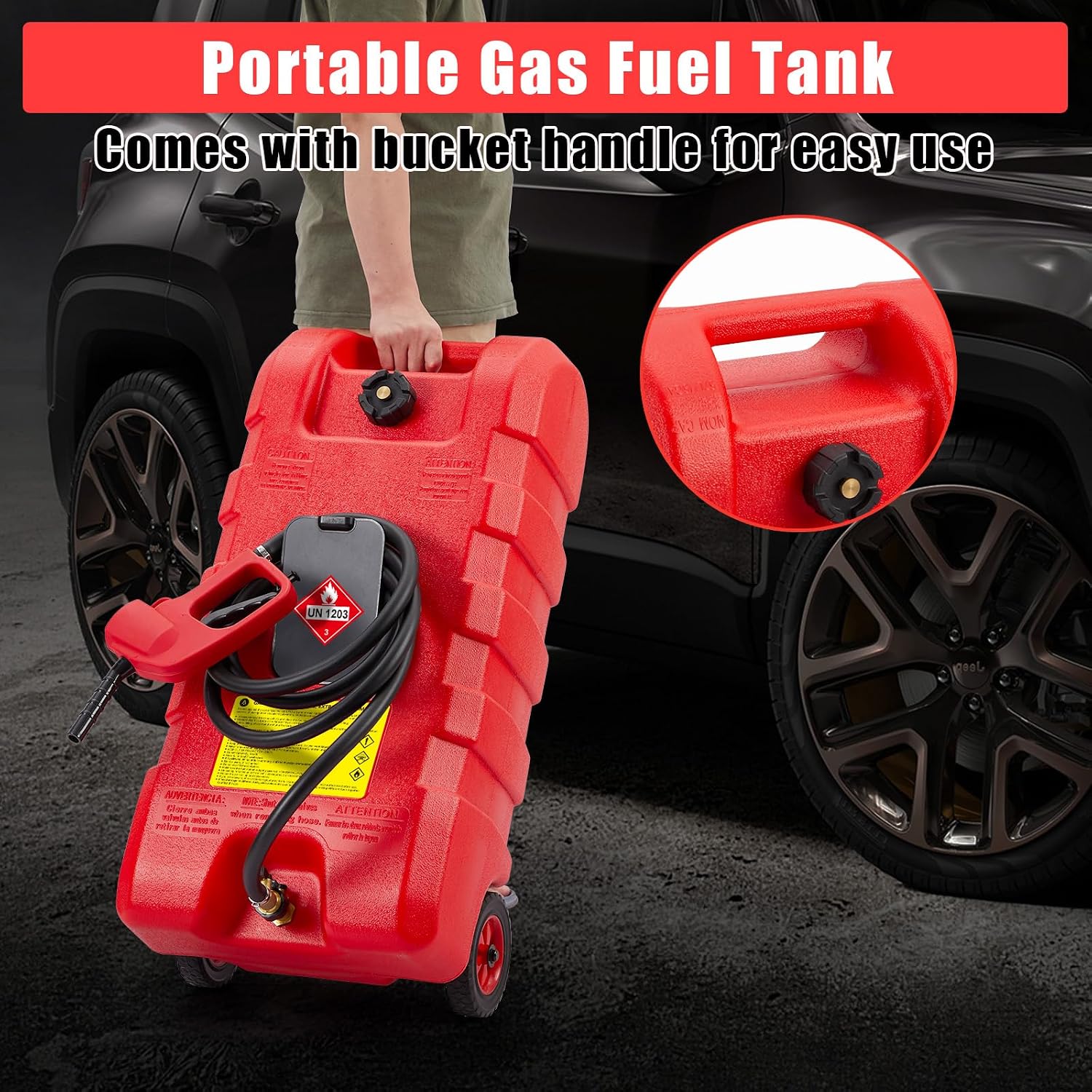15 Gallon Portable Gas Caddy with Hand Pump, Fuel Transfer Tank on Wheels with 10 ft Hose, Heavy-Duty Gas Storage for Cars, Boats, ATVs & Lawn Equipment