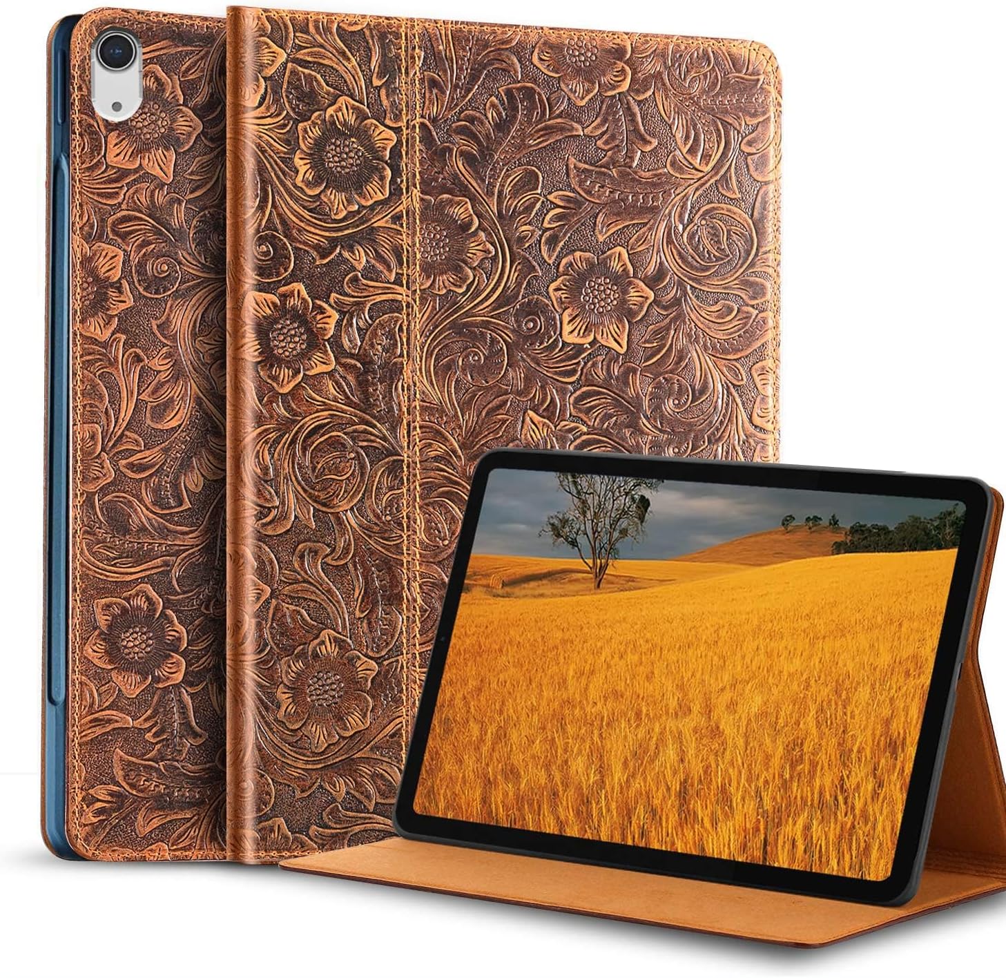 Gexmil Genuine Leather Case for iPad Air 13 Inch M3 2025/ M2 2024,Premium Leather Smart Folio Cover, Auto Sleep/Wake,Adjustable Stand, Anti-Slip,Floral Brown